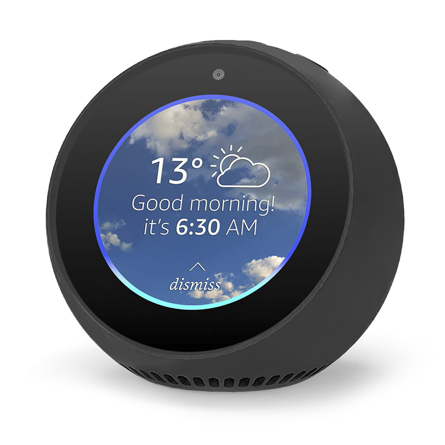 Un display intelligente sferico nero mostra il meteo: 13 gradi, nuvoloso. Testo: Buongiorno! Sono le 6:30. Pulsante Ignora.