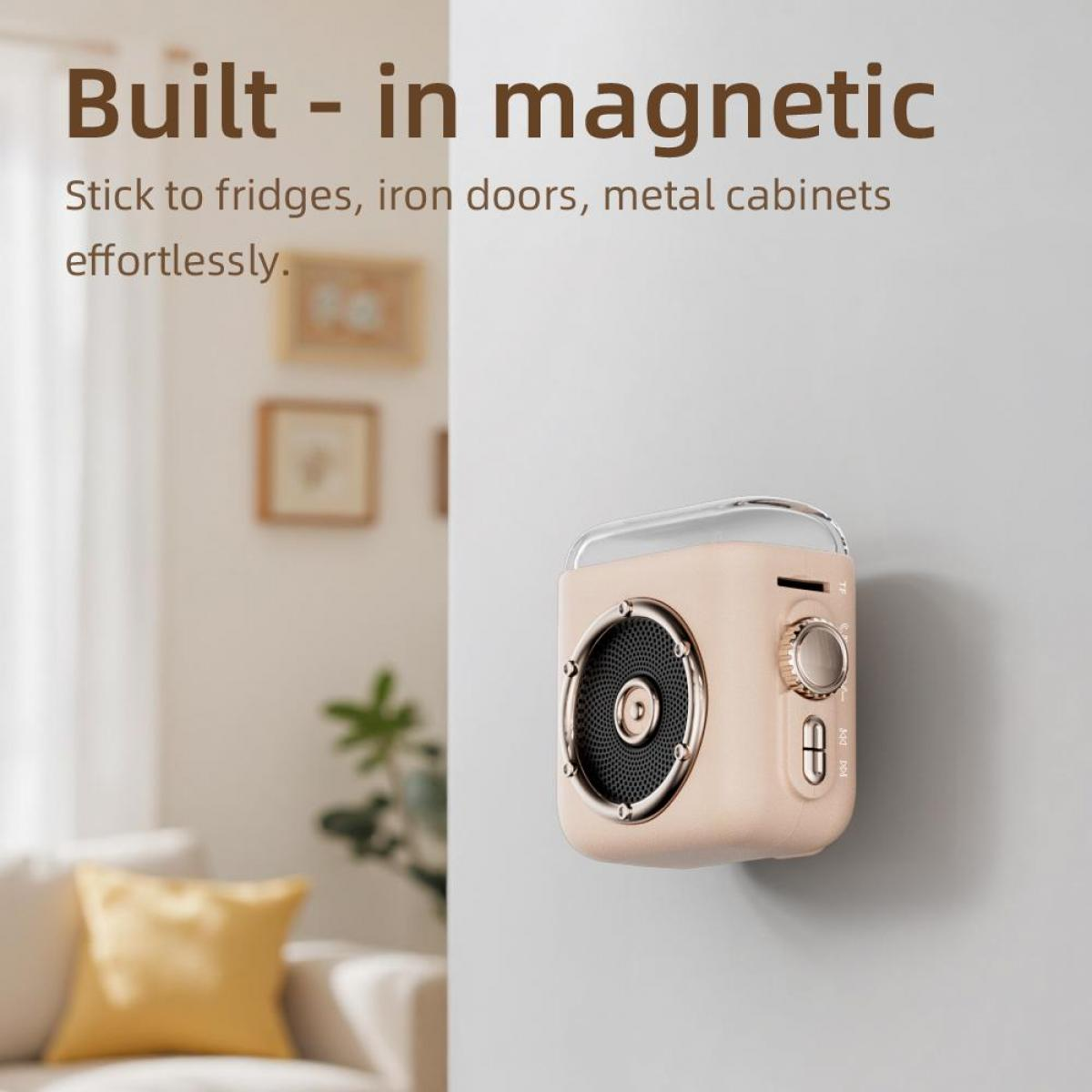 Ein beiger Lautsprecher mit Magnetrückseite, an einer grauen Wand befestigt. Text lautet: 'Eingebauter Magnet'.