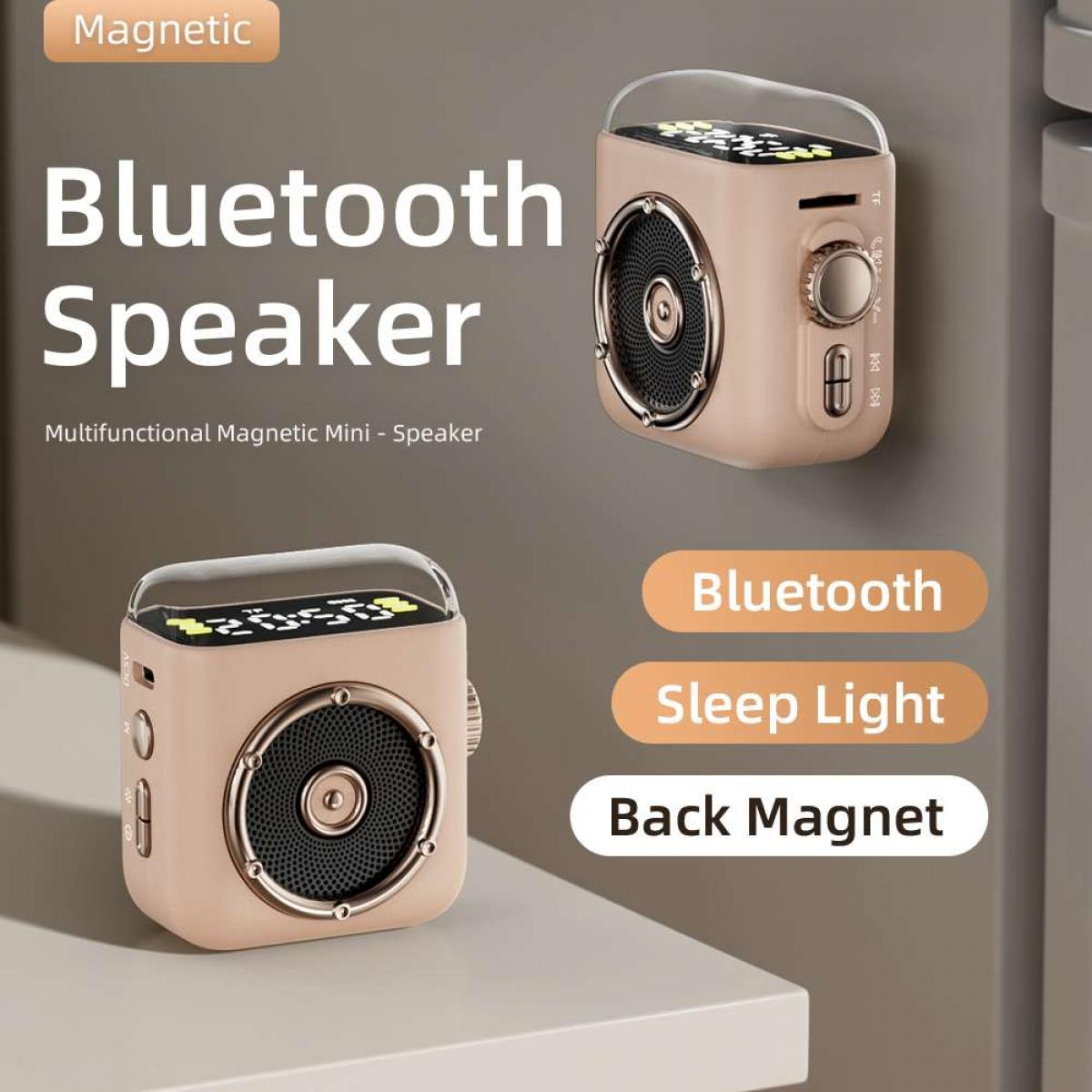Das Bild zeigt zwei beige Bluetooth-Lautsprecher mit schwarzen Lautsprechern. Der Text enthält 'Bluetooth-Lautsprecher', 'Schlaflampe' und 'Rückenmagnet'.