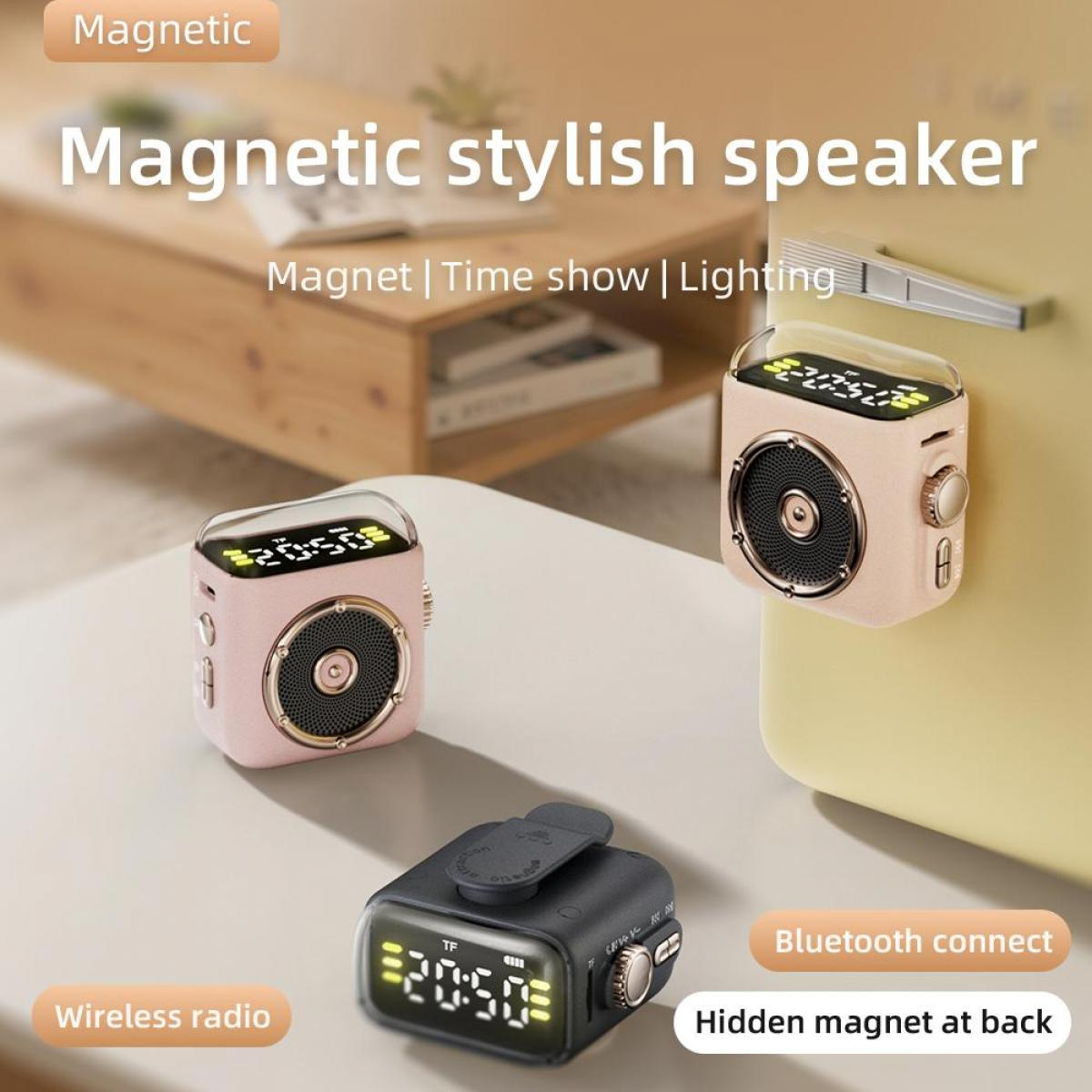 Das Bild zeigt drei kleine Lautsprecher, zwei rosa und einen schwarzen, mit digitalen Zeitanzeigen. Text zeigt drahtlose Radio- und Bluetooth-Verbindungsfunktionen.