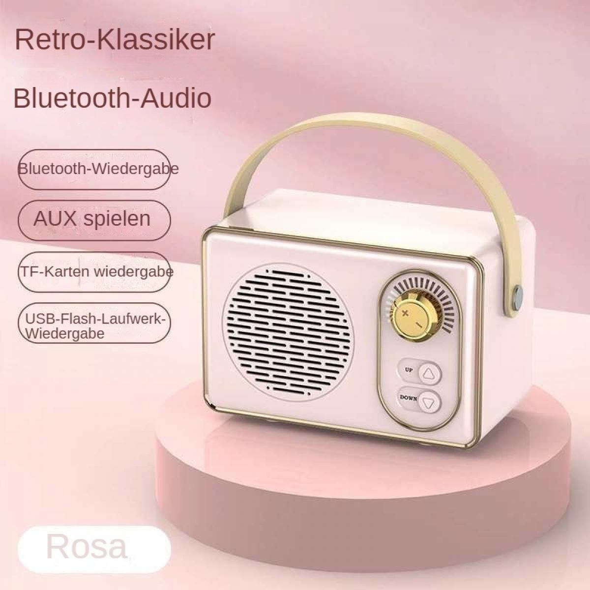 Ein rosa Retro-Radio steht auf einer rosa Plattform. Es hat einen Griff und Knöpfe mit Text zu Wiedergabeoptionen.