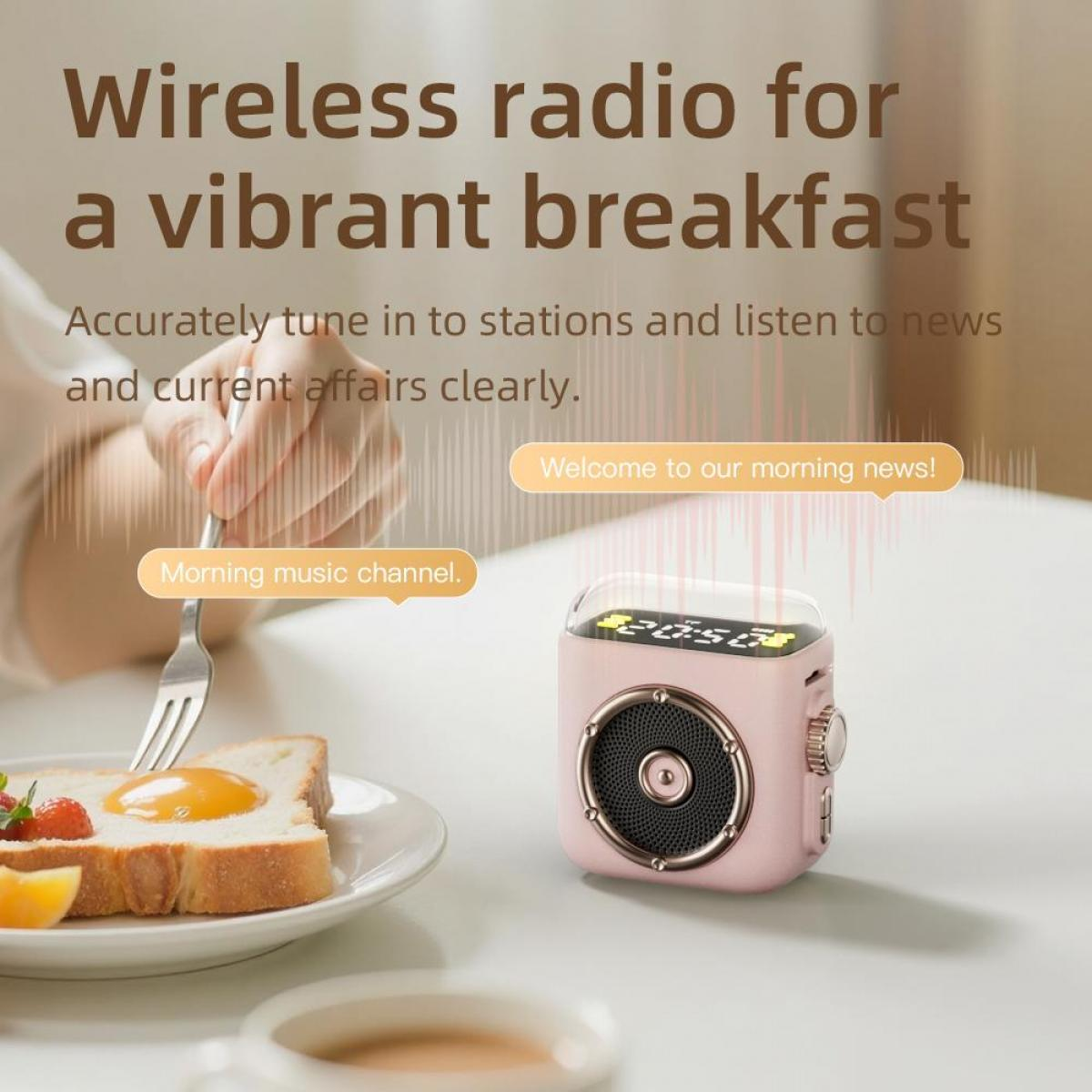 Rosa Radio, Essen auf einem Teller, eine Hand mit einer Gabel. Text: Kabelloses Radio für ein lebhaftes Frühstück.