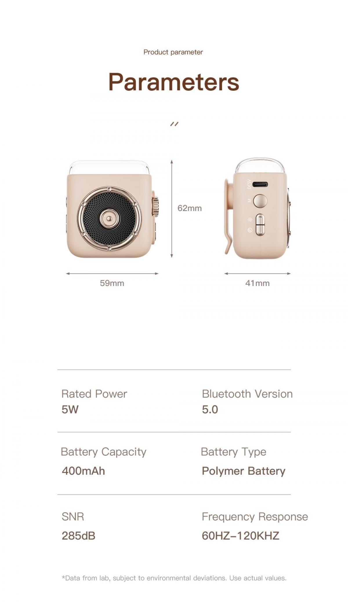 Das Bild zeigt Produktparameter eines Lautsprechers, einschließlich Abmessungen, Leistung, Batterie und Frequenzgang.