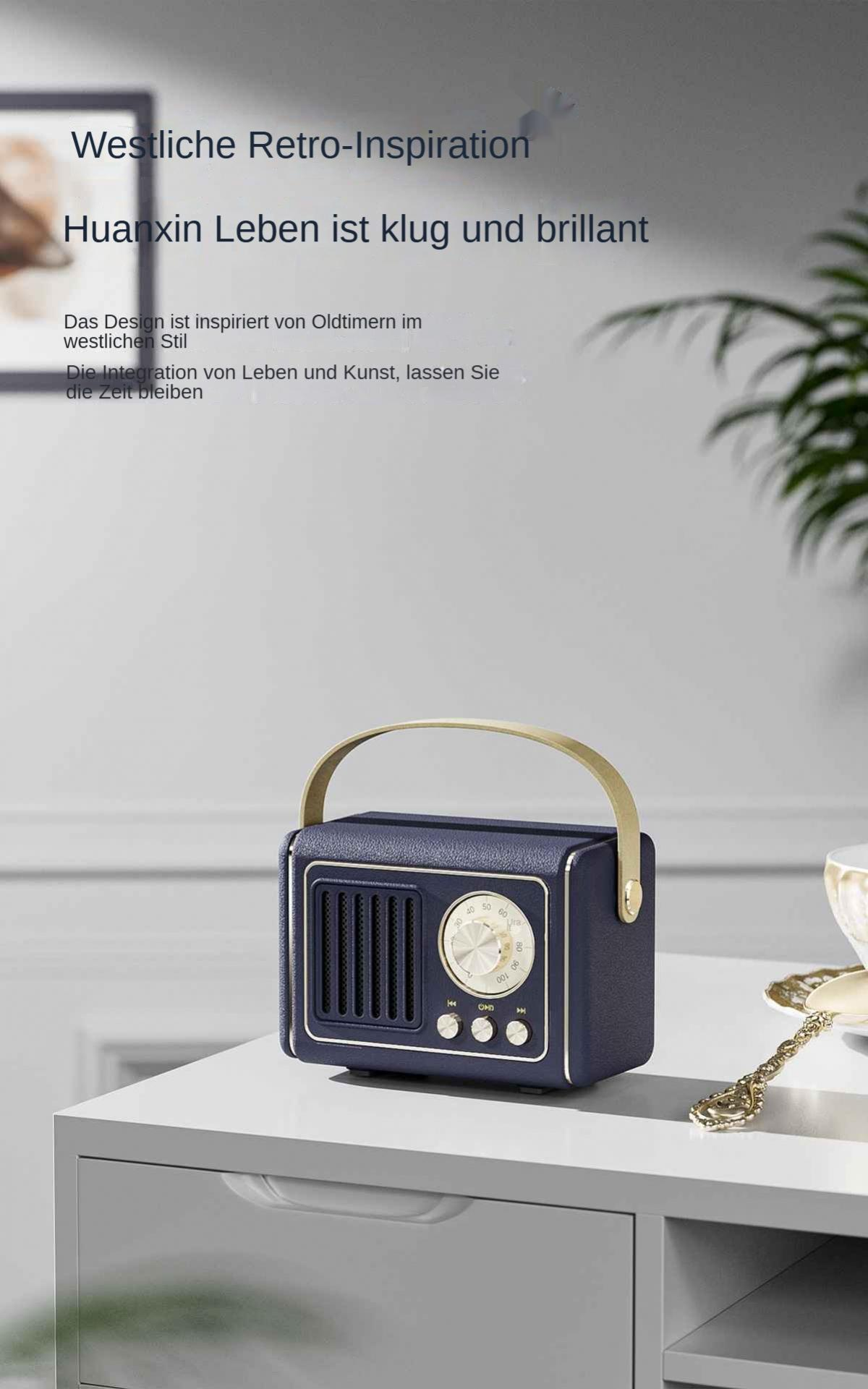 Ein marineblaues Retro-Radio mit goldenem Griff steht auf einem weißen Tisch. Text auf Deutsch steht über dem Radio.