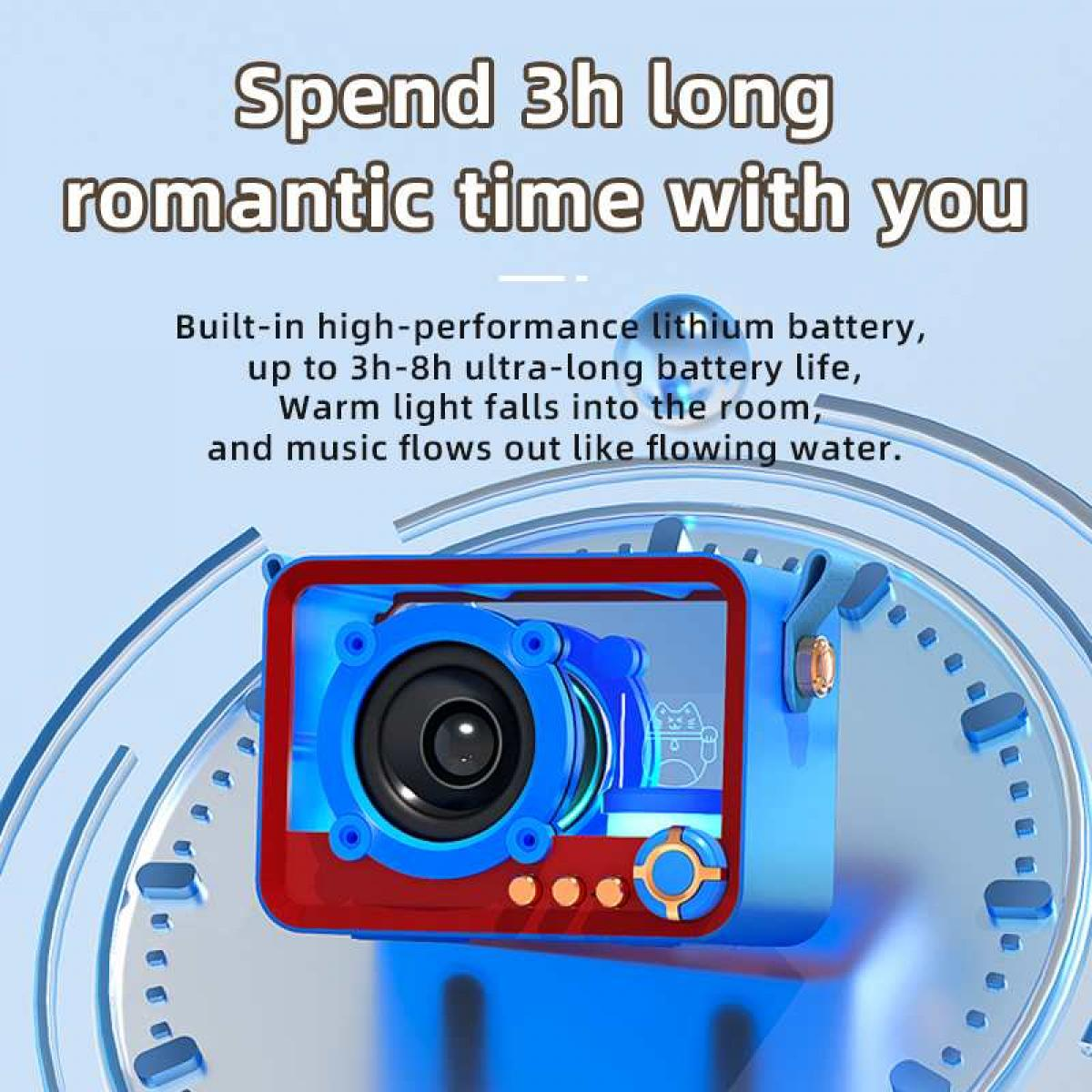 Eine blau-rote Kamera mit Lautsprecher. Text: Verbringen Sie 3 Stunden romantische Zeit mit Ihnen. Text über Akkulaufzeit vorhanden.