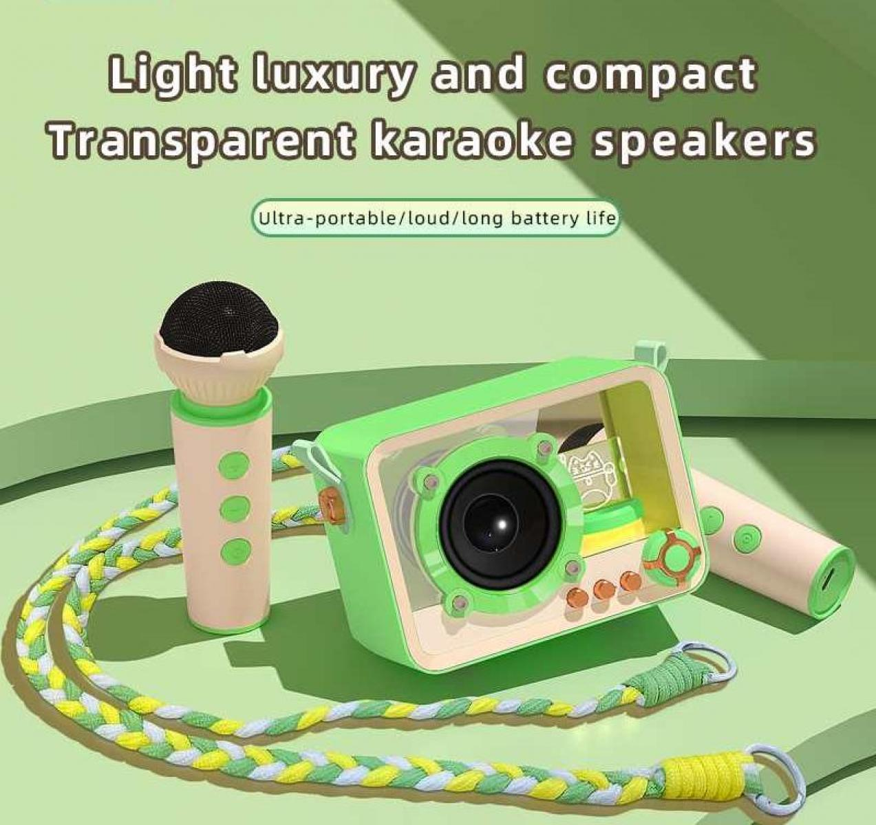 Ein grünes Karaoke-Lautsprecherset enthält ein Mikrofon, einen Lautsprecher und einen geflochtenen Gurt. Der Lautsprecher ist quadratisch und grün.