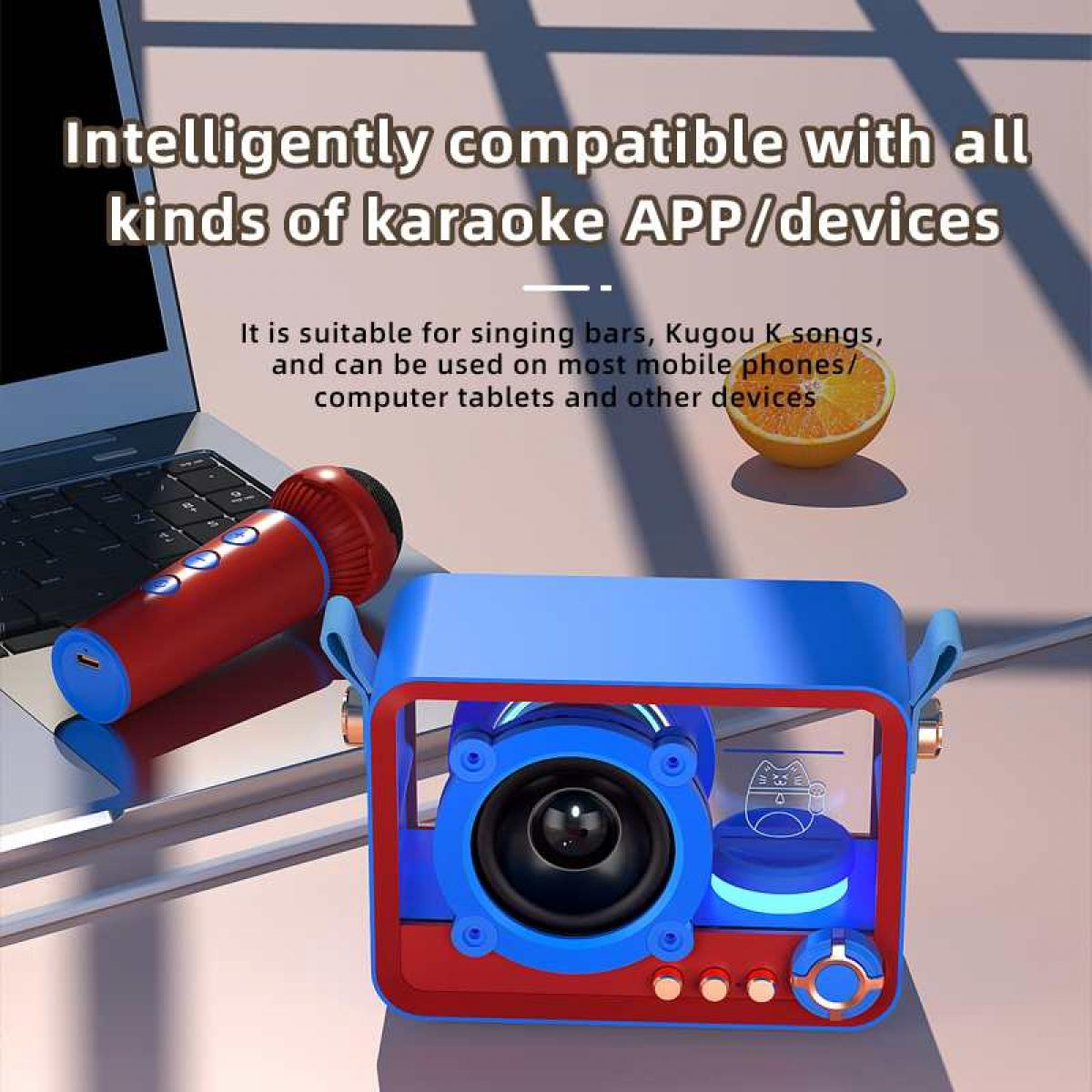 Ein roter und blauer Karaoke-Lautsprecher mit Mikrofon. Der Text oben besagt Kompatibilität mit Karaoke-Apps und Geräten.