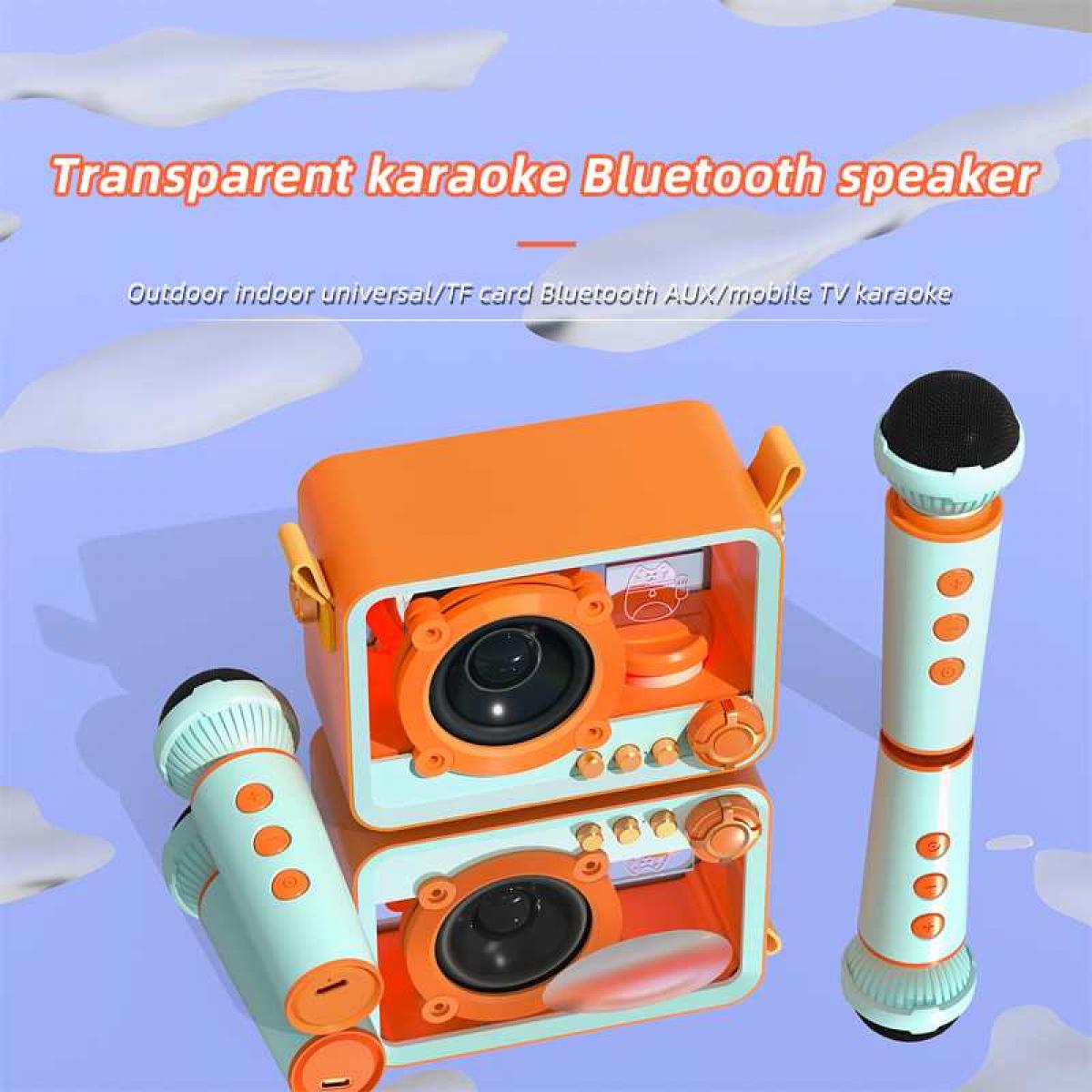 Ein orangefarbenes und türkisfarbenes Karaoke-Bluetooth-Lautsprecherset mit zwei Mikrofonen. Der Hintergrund zeigt Wolken und Text.