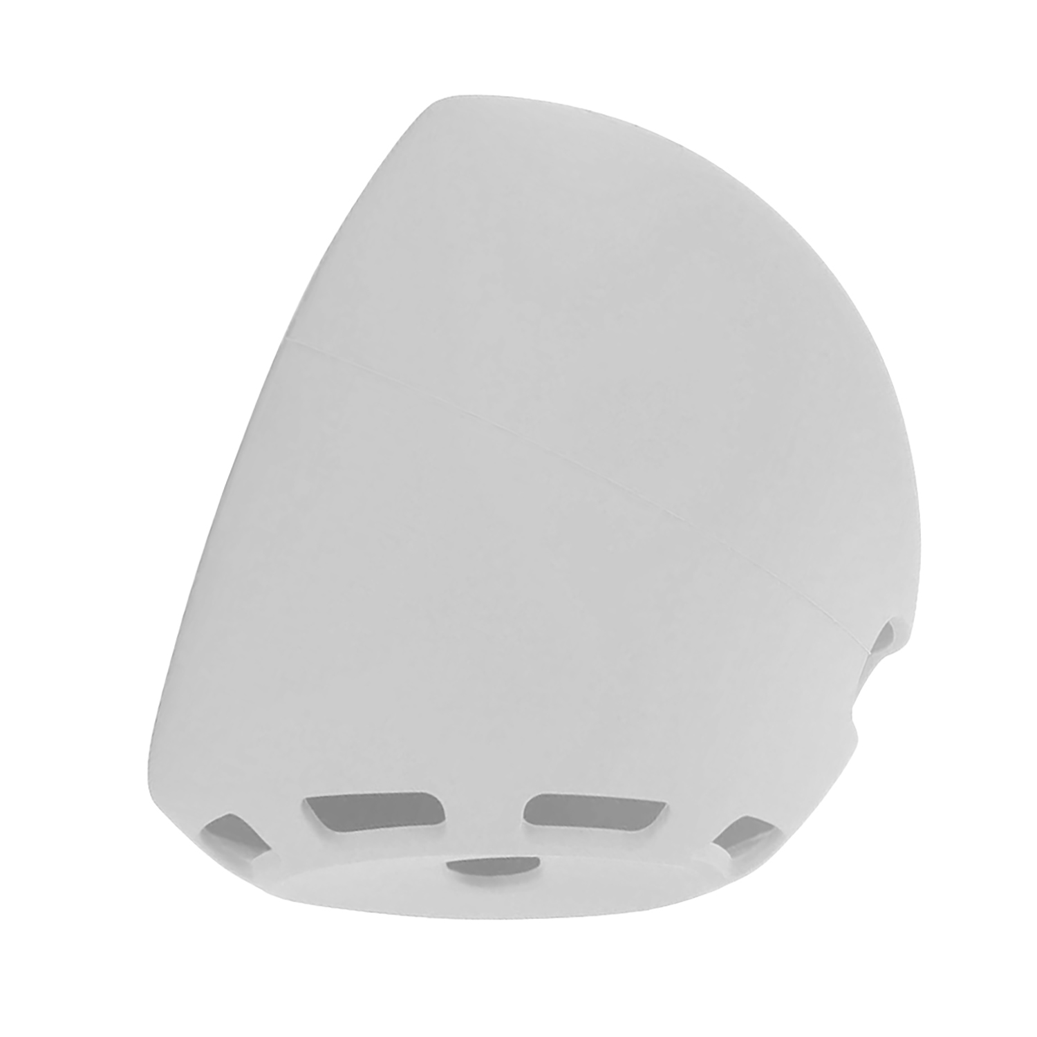 Un oggetto bianco, semicircolare con una serie di ritagli rettangolari lungo il bordo inferiore, forse una copertura per altoparlanti.