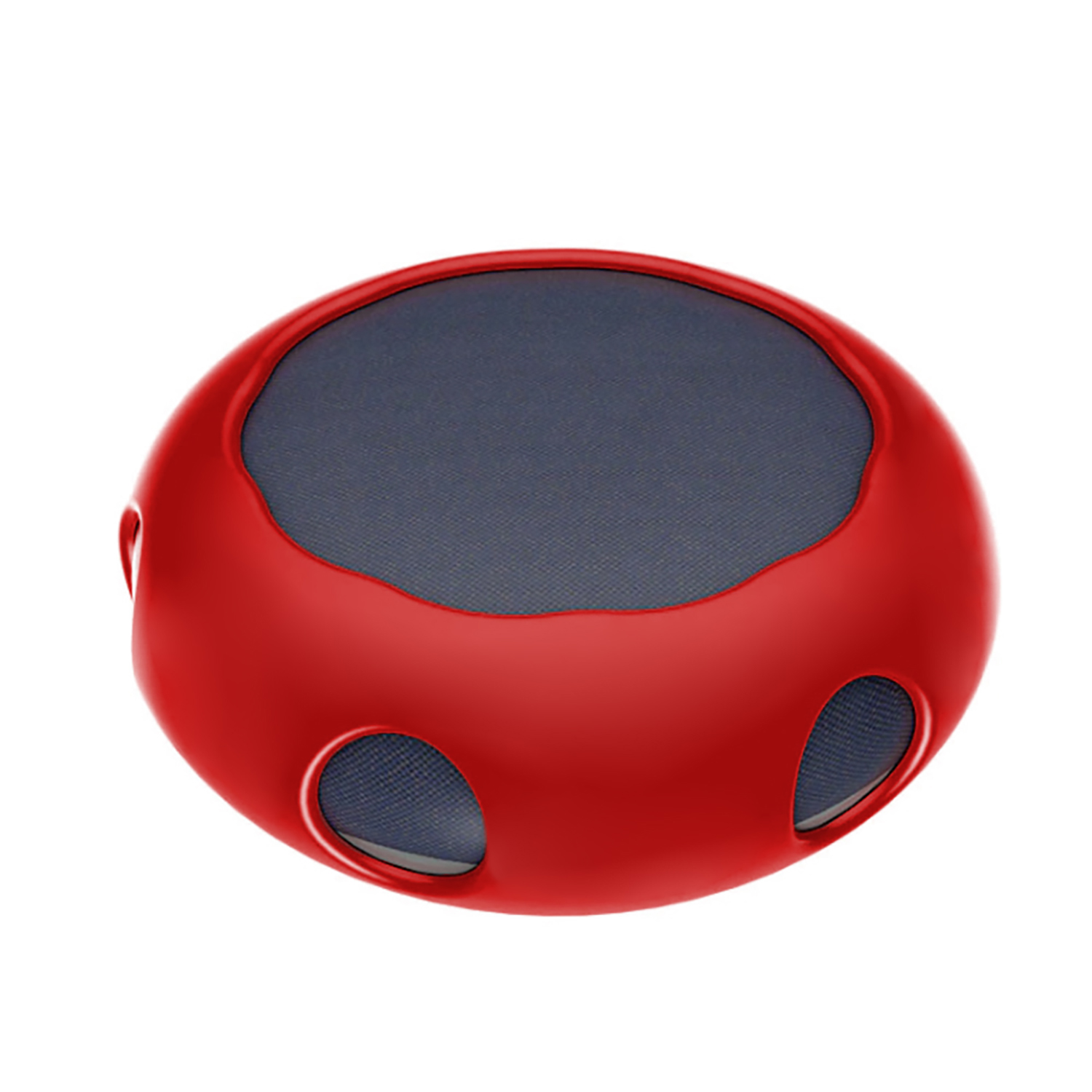 Un altoparlante rosso, di forma ovale, con una parte superiore in rete grigio scuro e tre aperture più piccole con la stessa rete.