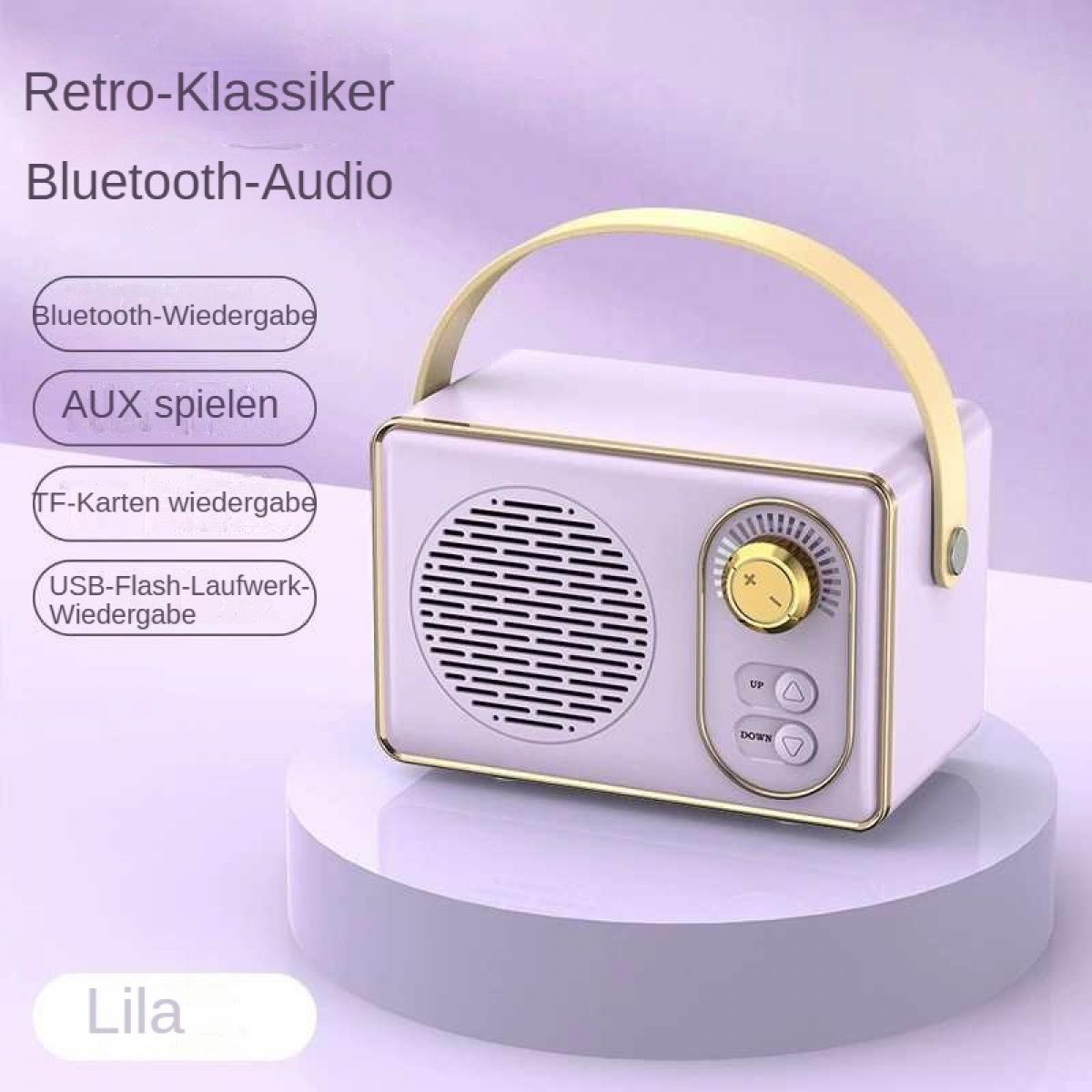 Ein lila Bluetooth-Lautsprecher im Retro-Stil mit goldenem Griff. Mit Knöpfen und einem Drehregler. Text: Retro-Klassiker, Bluetooth-Audio, Lila.
