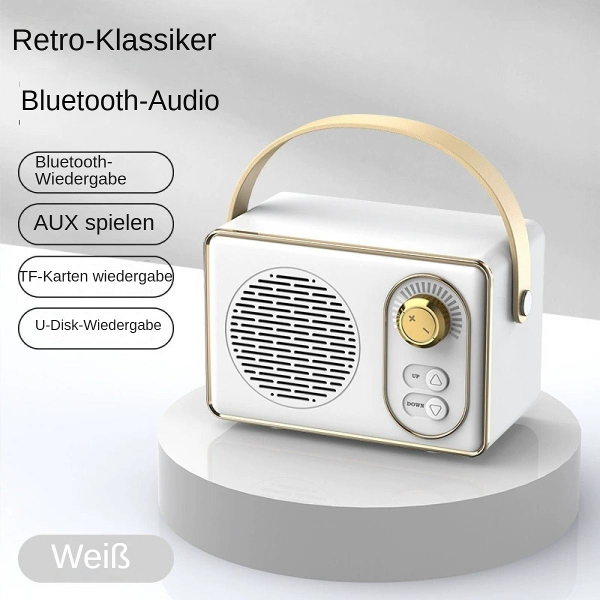 Ein weißer und goldener Bluetooth-Lautsprecher im Retro-Stil mit Griff auf einer weißen Plattform. Text enthält 'Retro-Klassiker' und 'Bluetooth-Audio'.