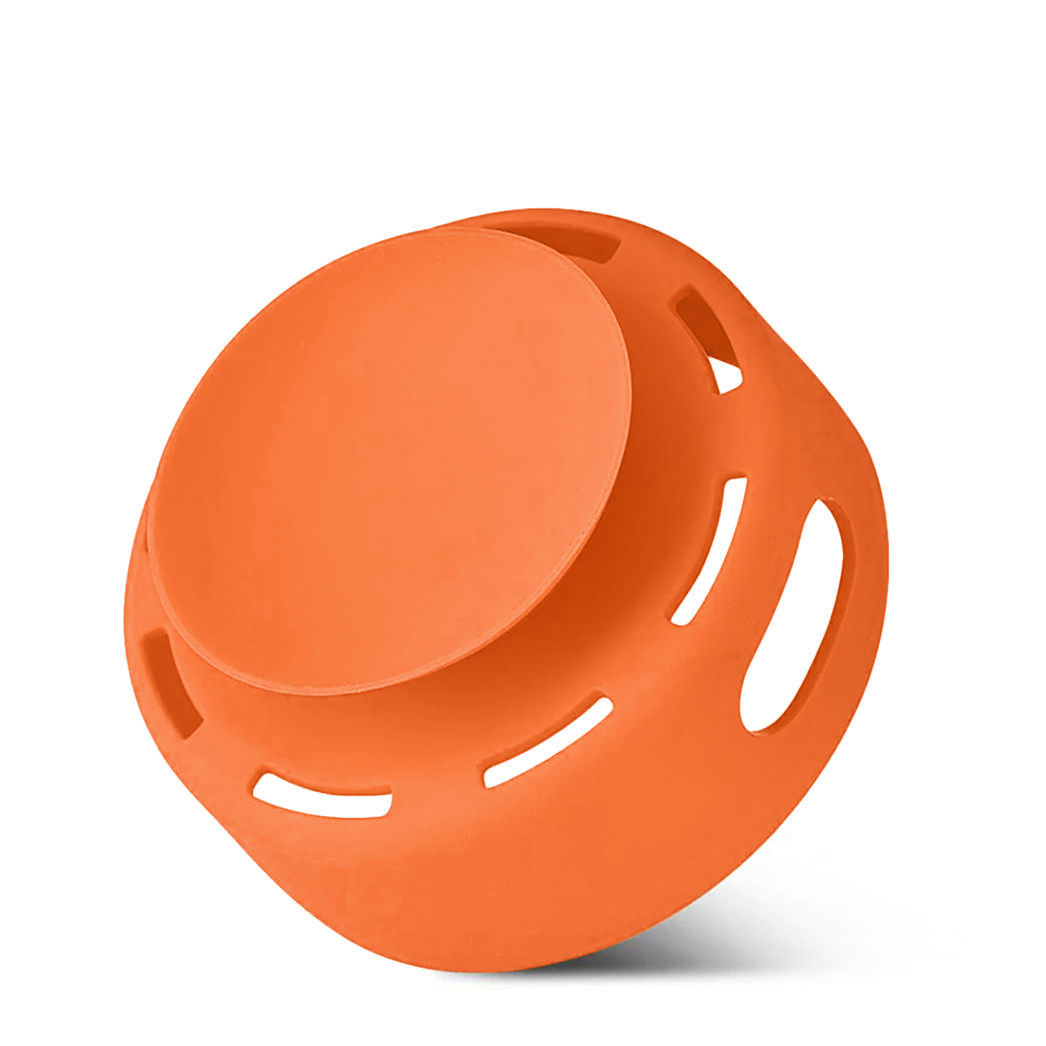Ein orangefarbenes, kreisförmiges Objekt mit flacher Oberseite und geripptem, gelochtem Körper vor weißem Hintergrund.