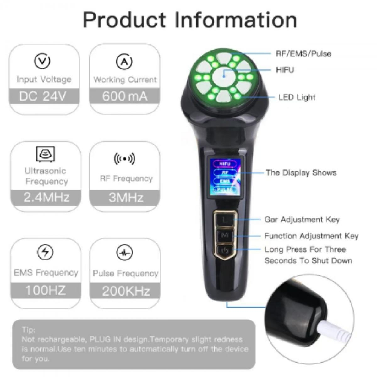 Produktinfografik. Zeigt ein Hautpflegegerät mit LED, Display und Tasten. Enthält Spannung, Frequenz und andere technische Details.