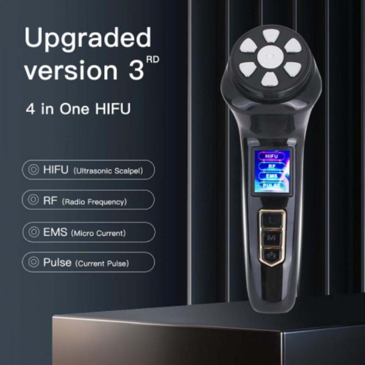 Ein schwarzes HIFU-Gerät mit Bildschirm, der Optionen wie HIFU, RF, EMS und Puls anzeigt. Text: 'Upgraded version 3'.