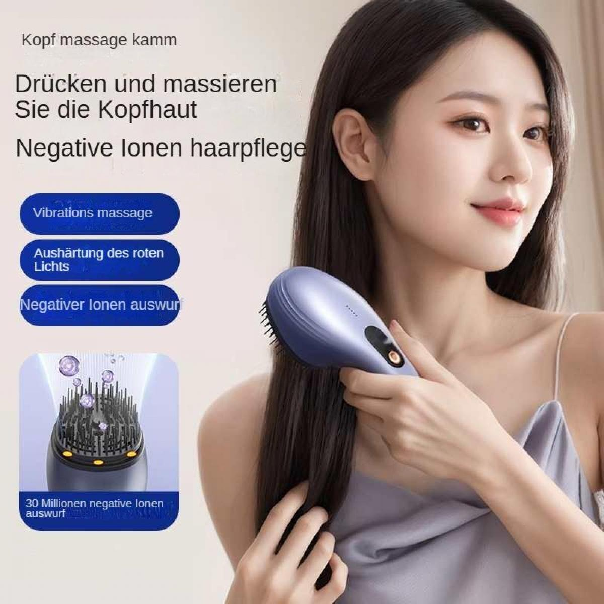 Eine Frau benutzt ein blaues Haarmassagegerät. Deutscher Text beschreibt Produktmerkmale, einschließlich Vibration und negative Ionen.