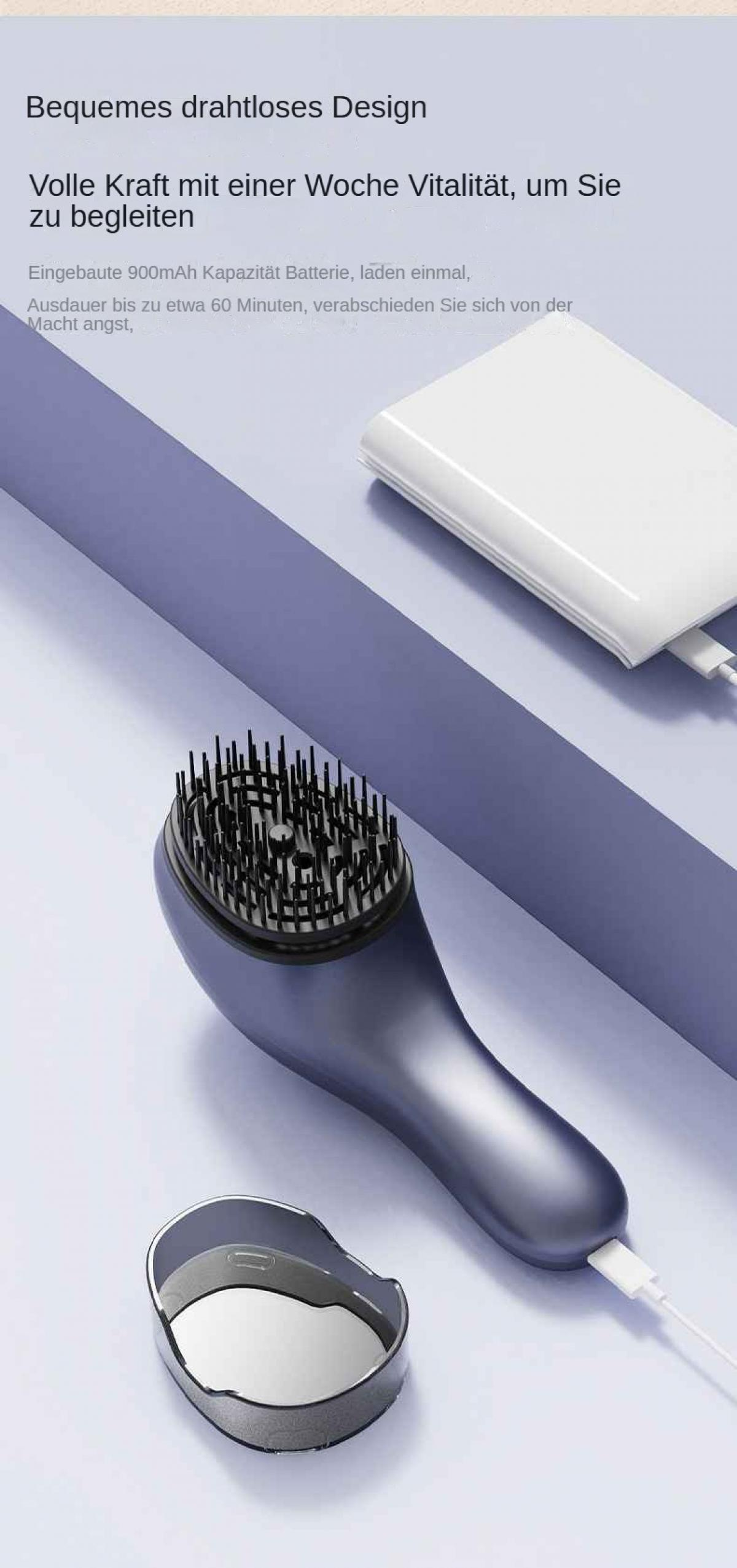 Ein graues Haarmassagegerät mit Ladepad. Das Massagegerät hat einen Bürstenkopf. Ein weißes Ladepad ist ebenfalls vorhanden.