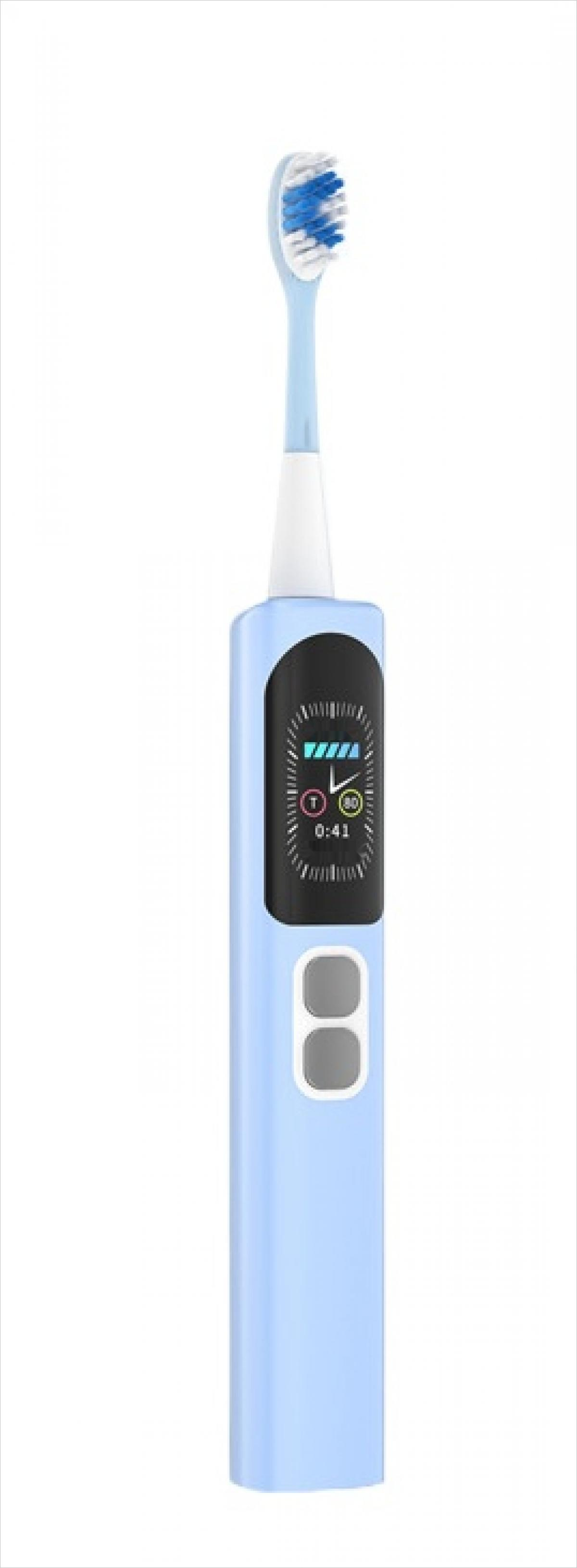 Eine hellblaue elektrische Zahnbürste mit Display und zwei Knöpfen. Der Bürstenkopf hat blaue und weiße Borsten.