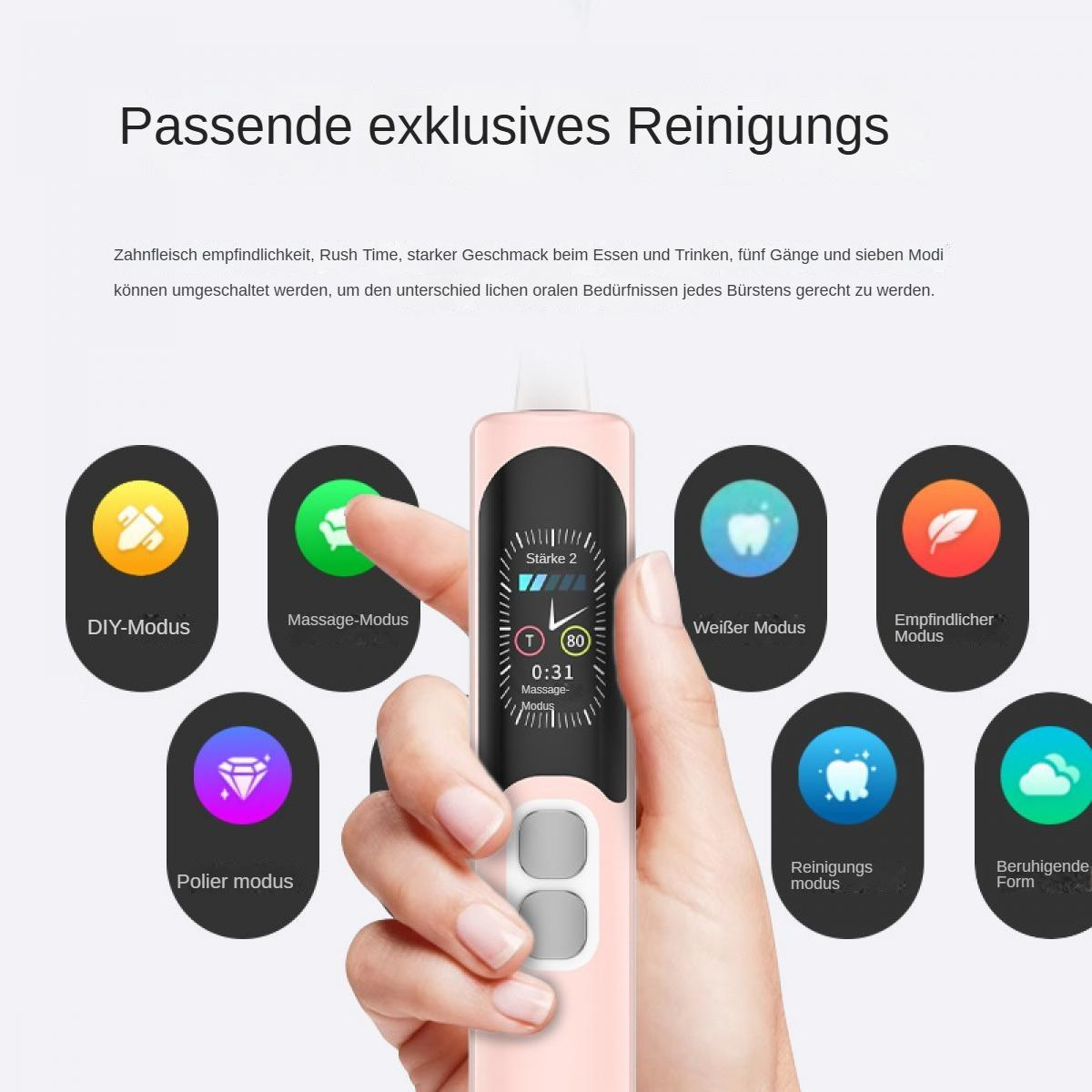 Eine rosa elektrische Zahnbürste mit einem Bildschirm, der Einstellungen anzeigt. Es hat verschiedene Modus-Symbole, wie 'DIY', 'Massage' und 'Weiß'.