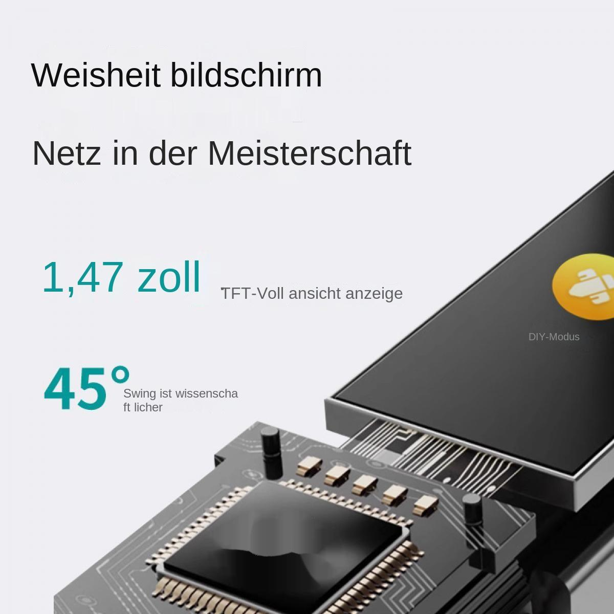 Das Bild zeigt einen schwarzen Bildschirm mit einer elektronischen Leiterplatte und etwas Text auf Deutsch.