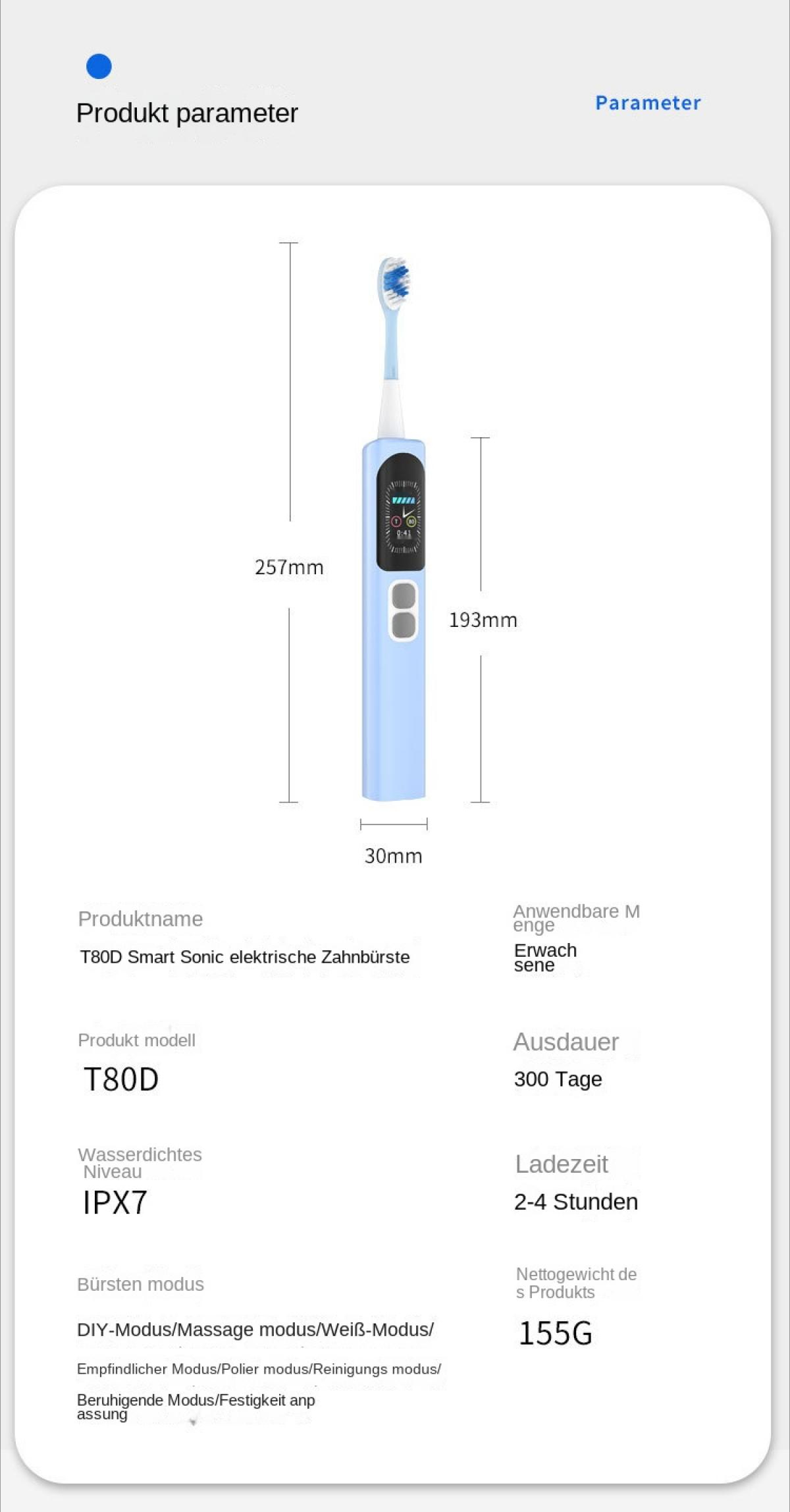 Eine blaue elektrische Zahnbürste mit Abmessungen und Spezifikationen. Details umfassen Modell, Modi, Akkulaufzeit und Gewicht.