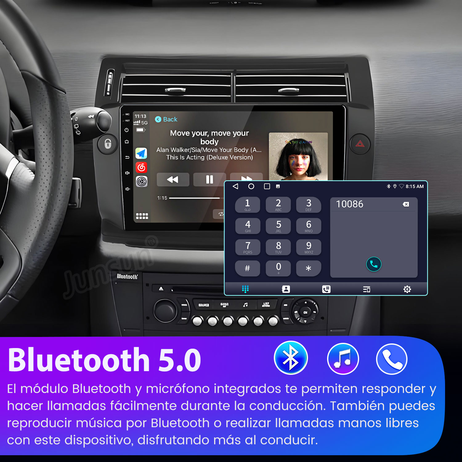 Panel del automóvil que muestra una interfaz de reproductor de música y un marcador. Logotipo de Bluetooth 5.0 en la parte inferior con texto en español.