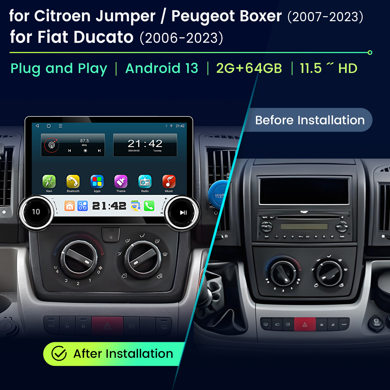 Comparación del salpicadero del coche: antes y después de instalar un nuevo sistema Android. Muestra la pantalla y los controles.