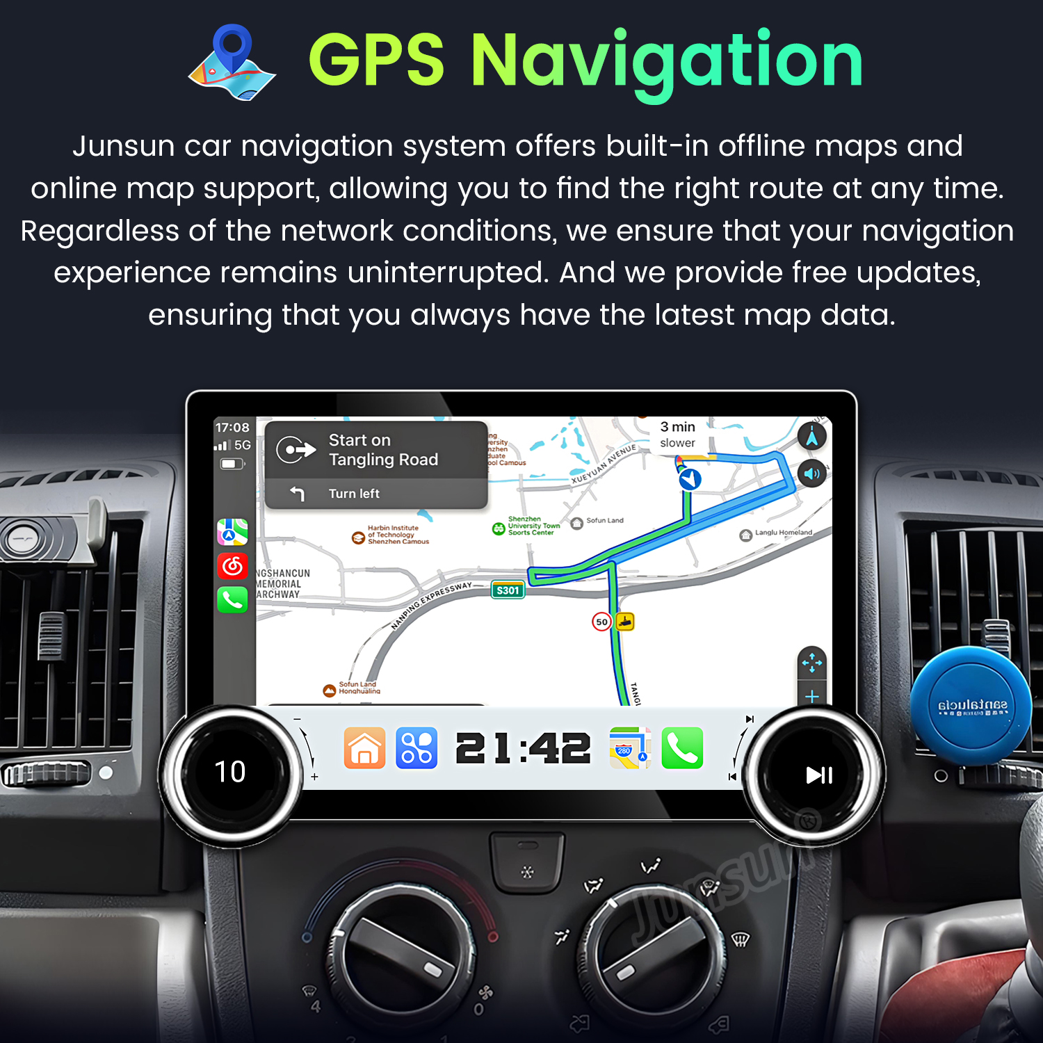 Panel del coche mostrando navegación GPS. La pantalla muestra un mapa con indicaciones de ruta. Controles y salidas de aire visibles.