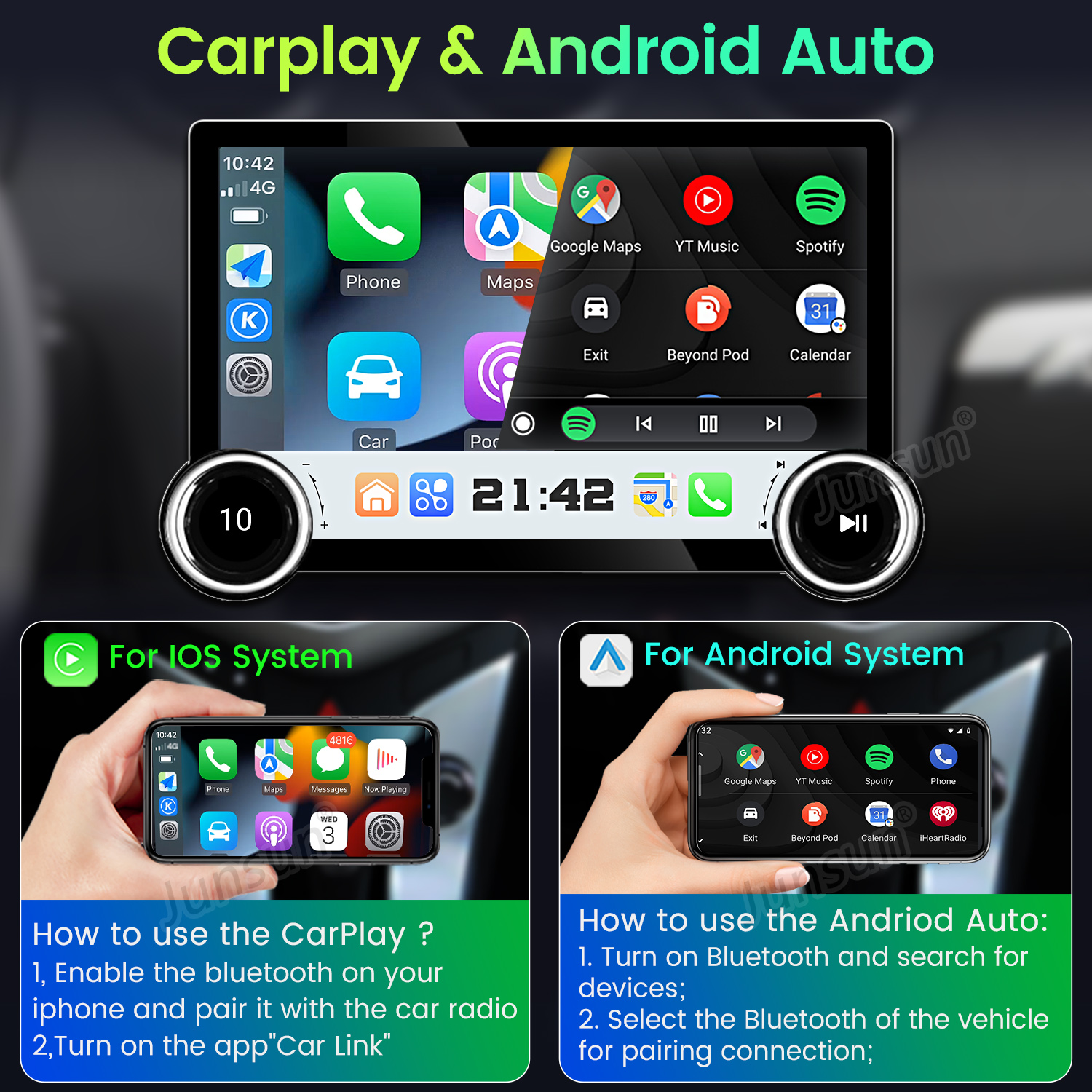 Una pantalla de interfaz de coche que muestra opciones de CarPlay y Android Auto, con instrucciones e iconos de aplicaciones. La hora es 10:42.