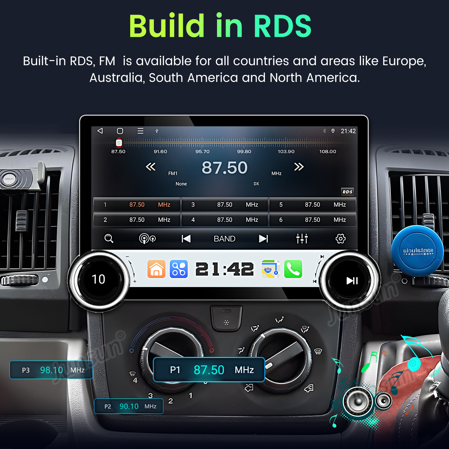 Pantalla de radio de coche que muestra información de radio FM. Muestra frecuencia, hora y funciones RDS. También hay botones y diales.