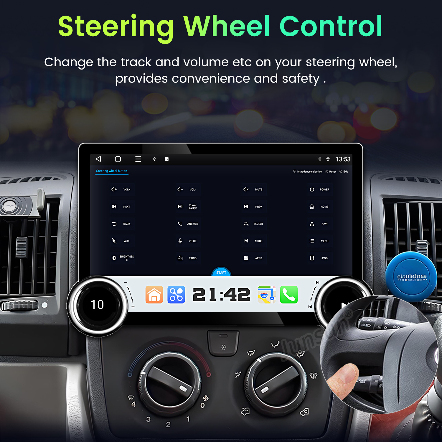 Panel del coche con pantalla táctil, mostrando hora y controles. Controles del volante visibles.