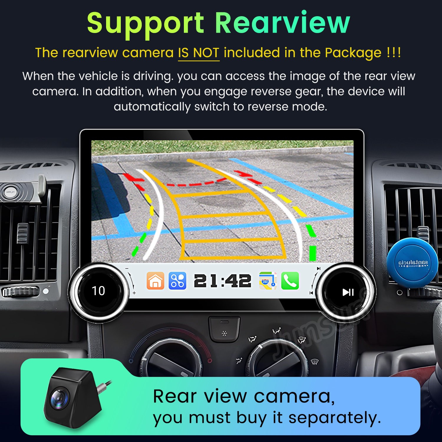 Salpicadero de coche con pantalla que muestra la vista de la cámara de marcha atrás. Una cámara separada se muestra abajo. El texto explica que no está incluida.