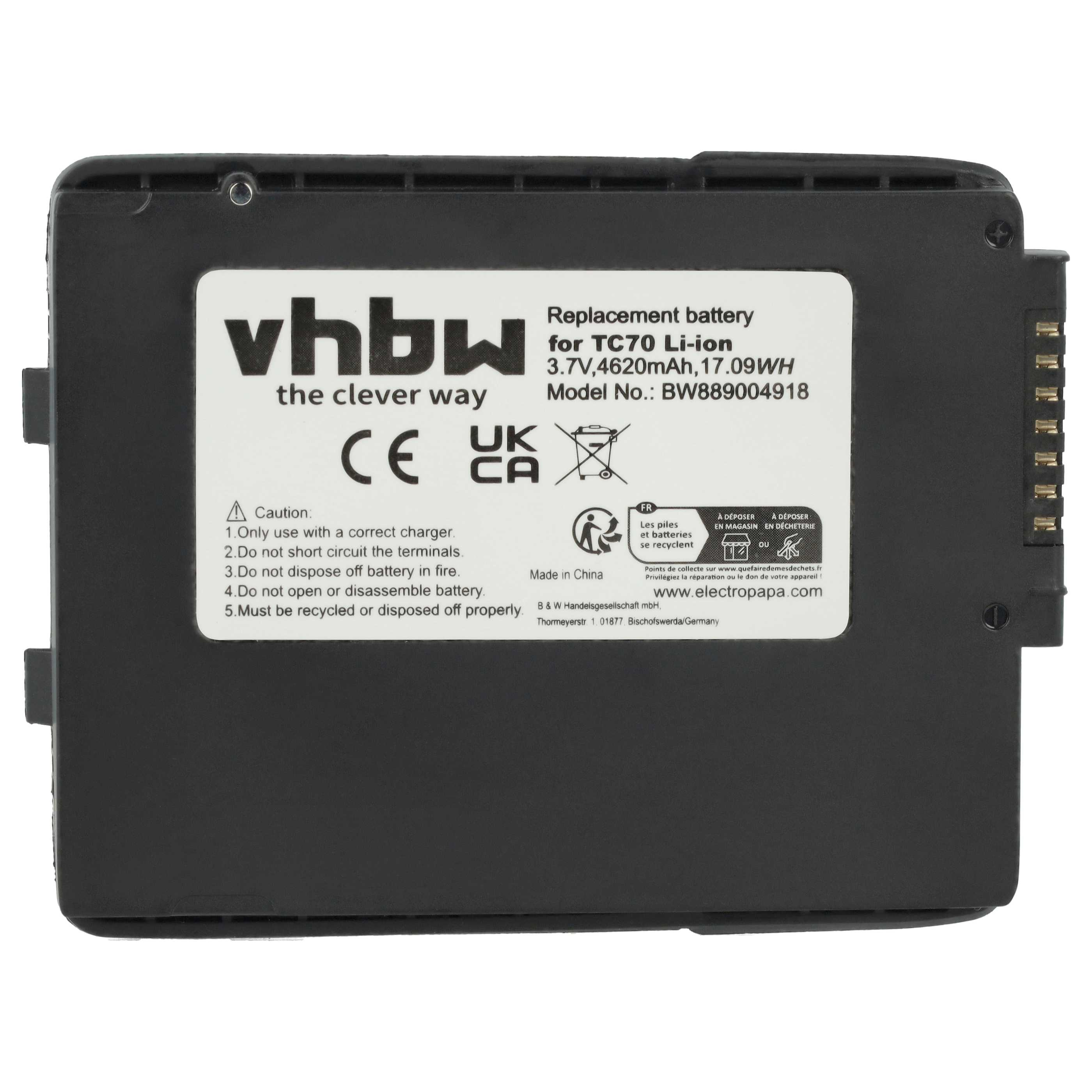 Schwarzer Akku mit weißem Etikett. Text enthält 'vhbw', 'Ersatzbatterie' und Warnhinweise.