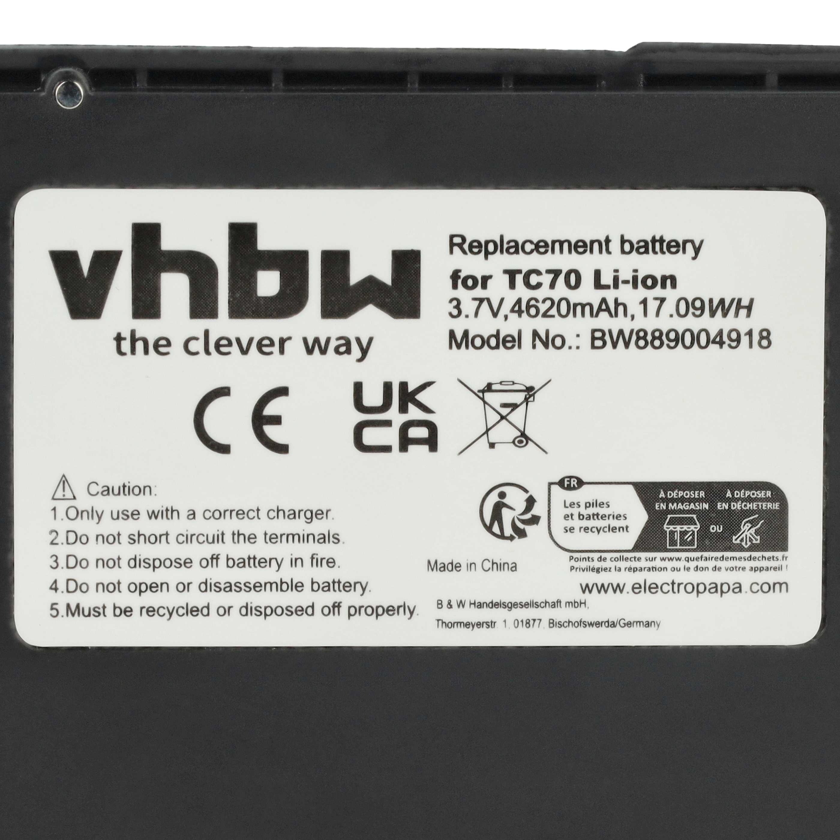 Ein Batterieetikett mit Text. Es steht 'vhbw' und 'Ersatzbatterie' mit Recycling-Symbolen.