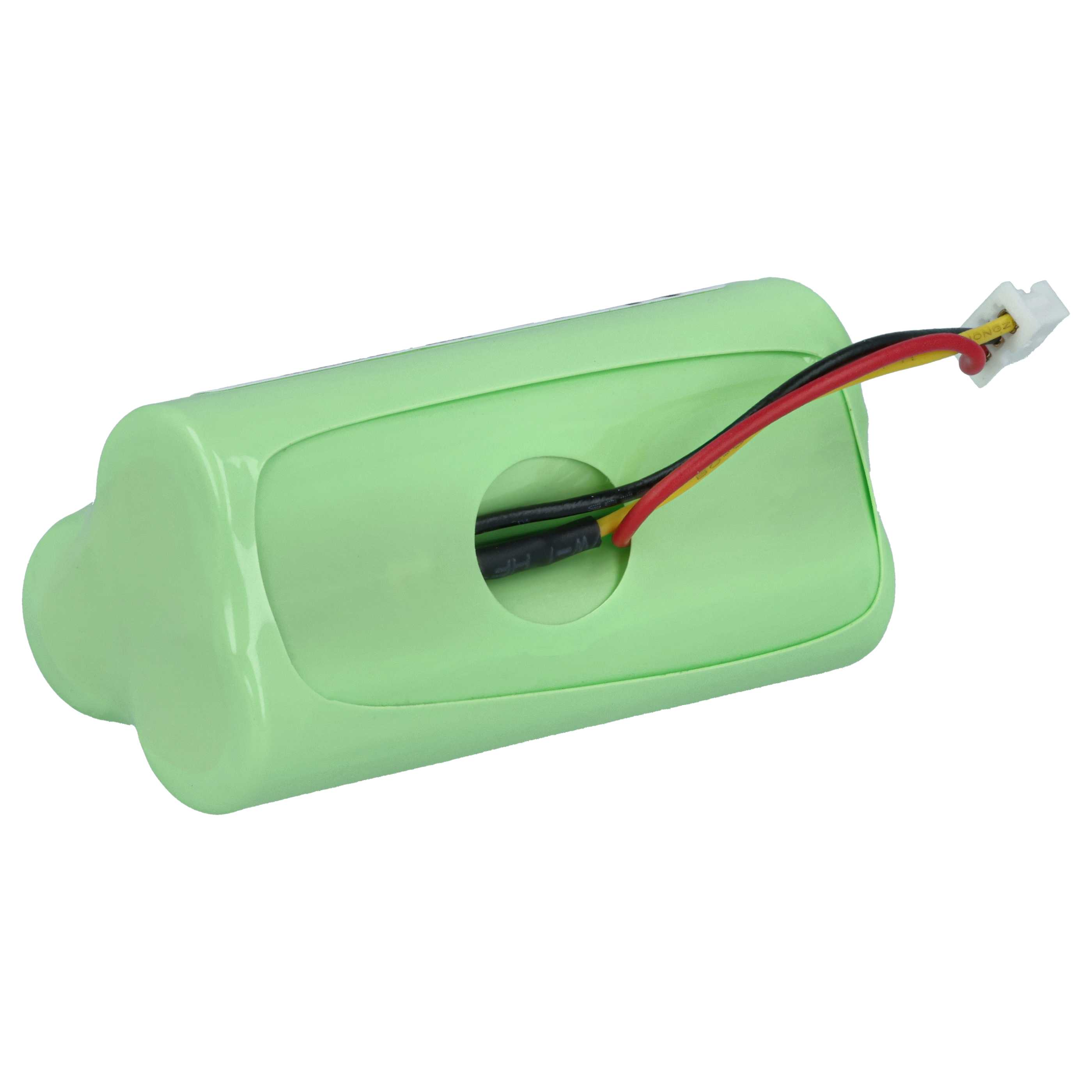 Eine grüne zylindrische Batterie mit einem Loch und Drähten, die sich davon erstrecken. Drähte sind schwarz, rot und gelb.