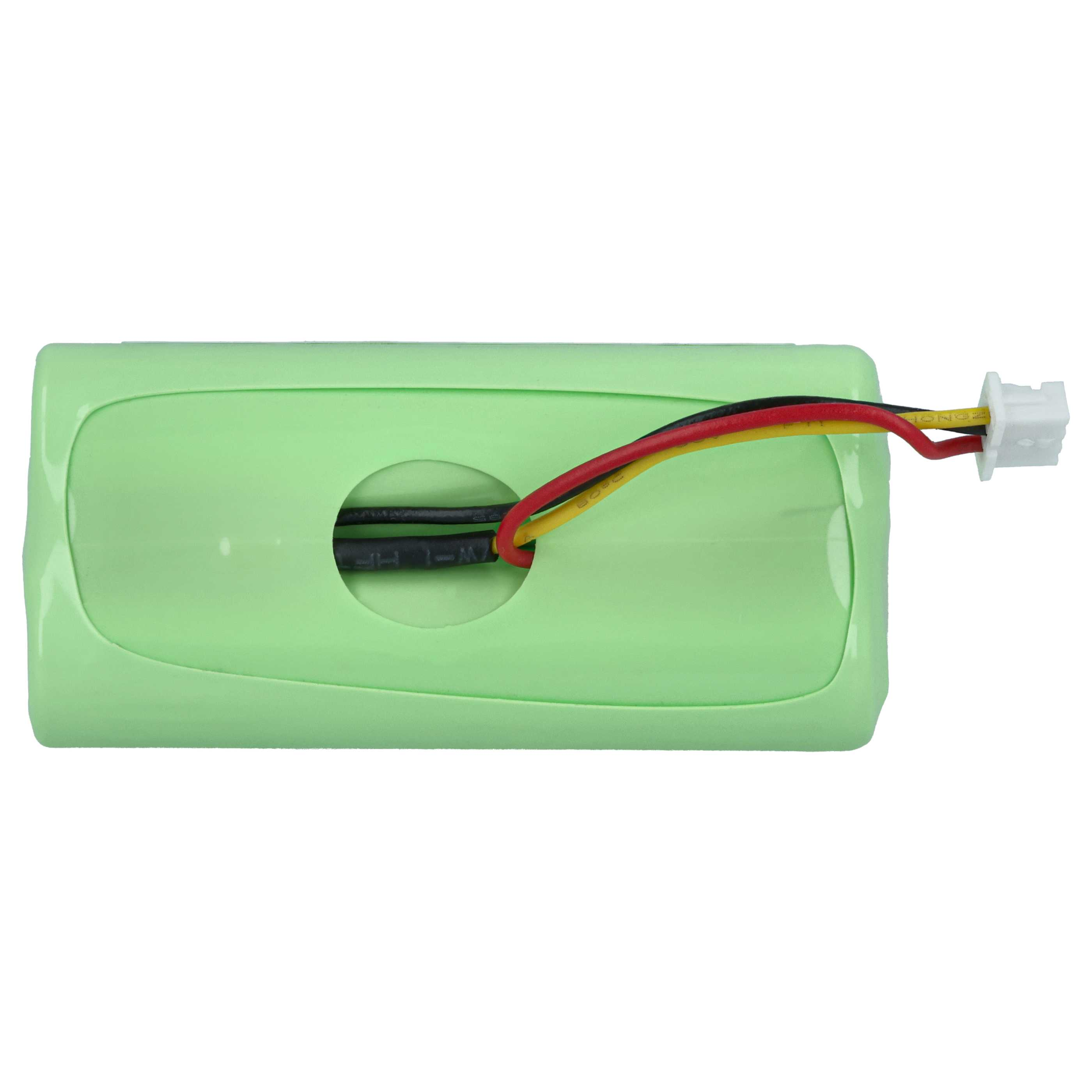 Ein grüner Akku mit roten, gelben und schwarzen Drähten, die mit einem weißen Stecker verbunden sind.
