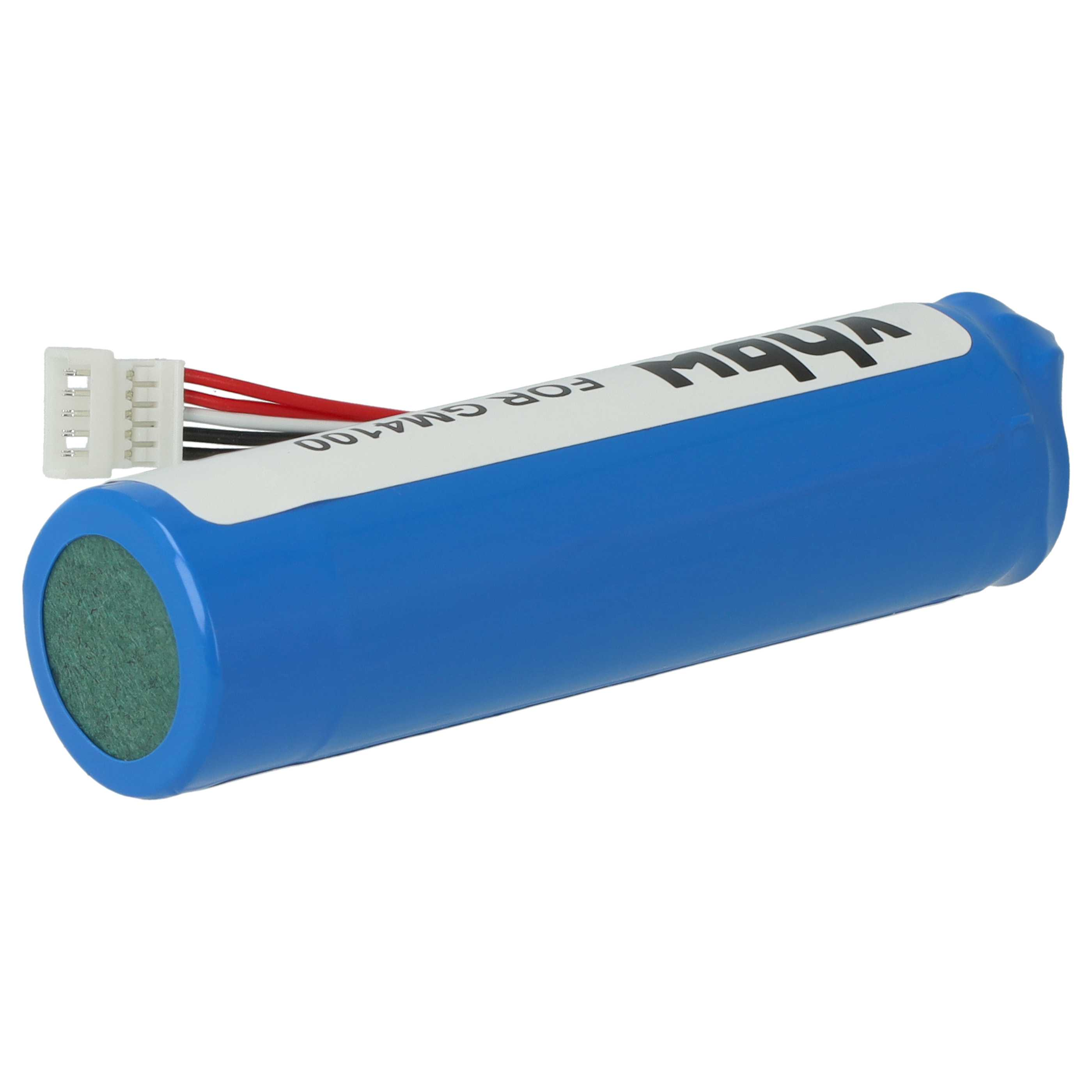 Eine blaue zylindrische Batterie mit weißem Etikett und angeschlossenen Drähten. Das Ende hat einen grünen Kreis.