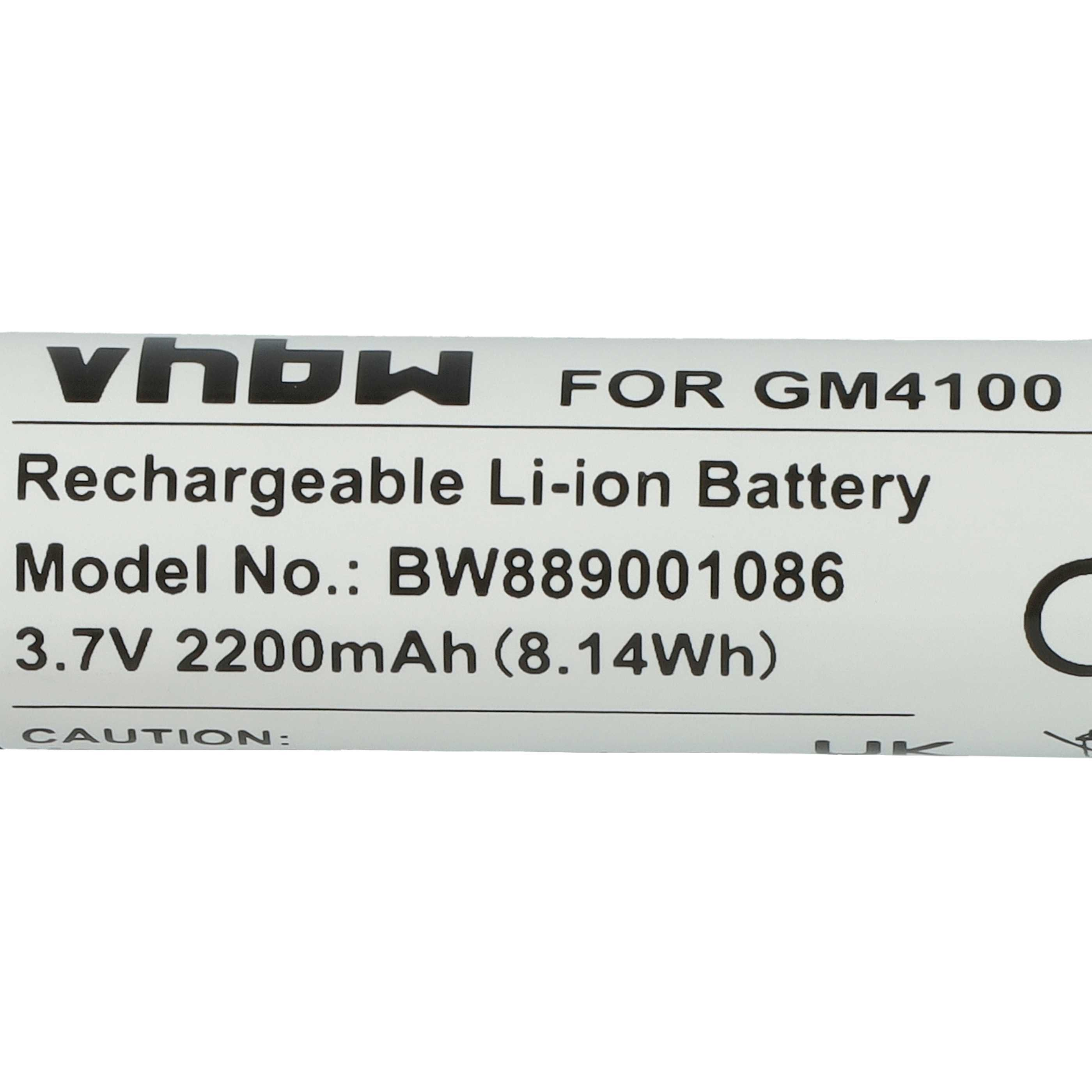 Ein Etikett mit dem Text: vhbw FOR GM4100, Wiederaufladbarer Li-Ionen-Akku, Modell-Nr.: BW889001086, 3,7V 2200mAh (8,14Wh).