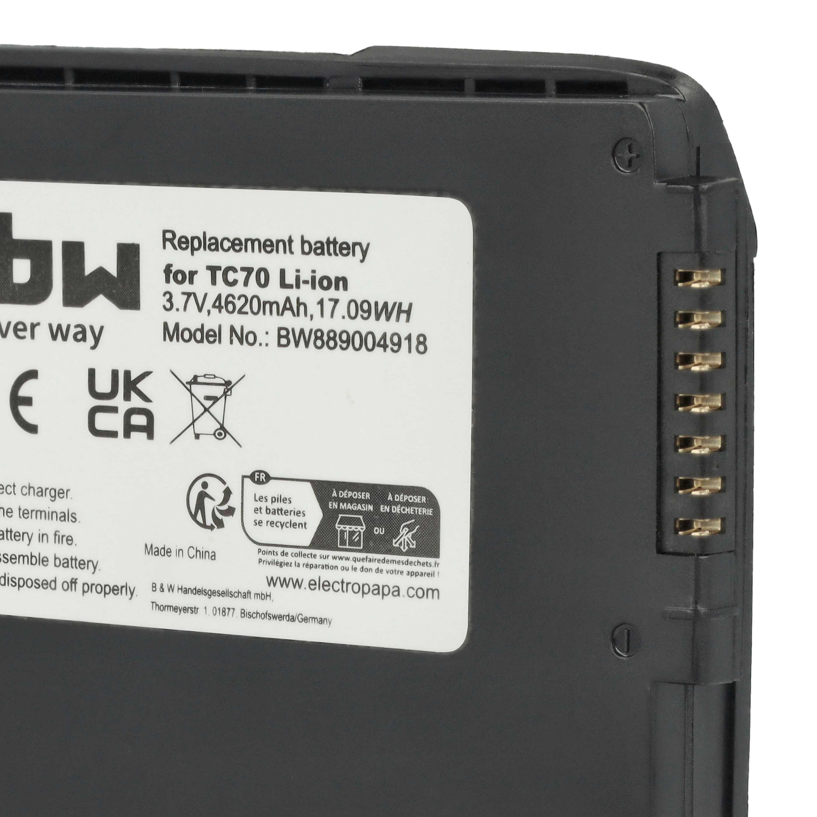 Ein Akku mit Text und Symbolen. Er ist schwarz und hat goldene Anschlüsse. Der Text lautet: Ersatzbatterie und Hergestellt in China.