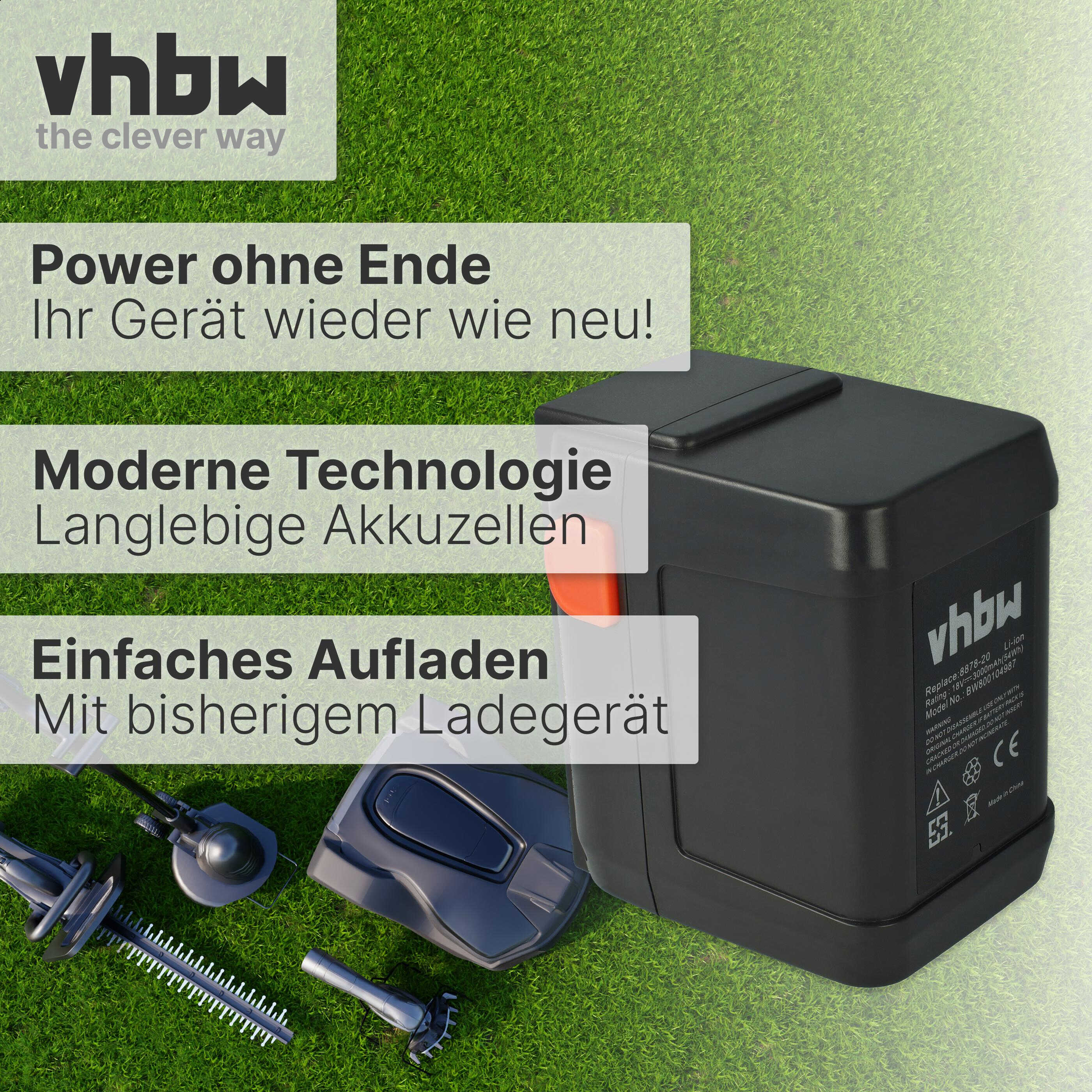 Das Bild zeigt einen Akku mit Werkzeugen auf Gras. Der Text lautet 'Power ohne Ende' und 'Einfaches Aufladen'.