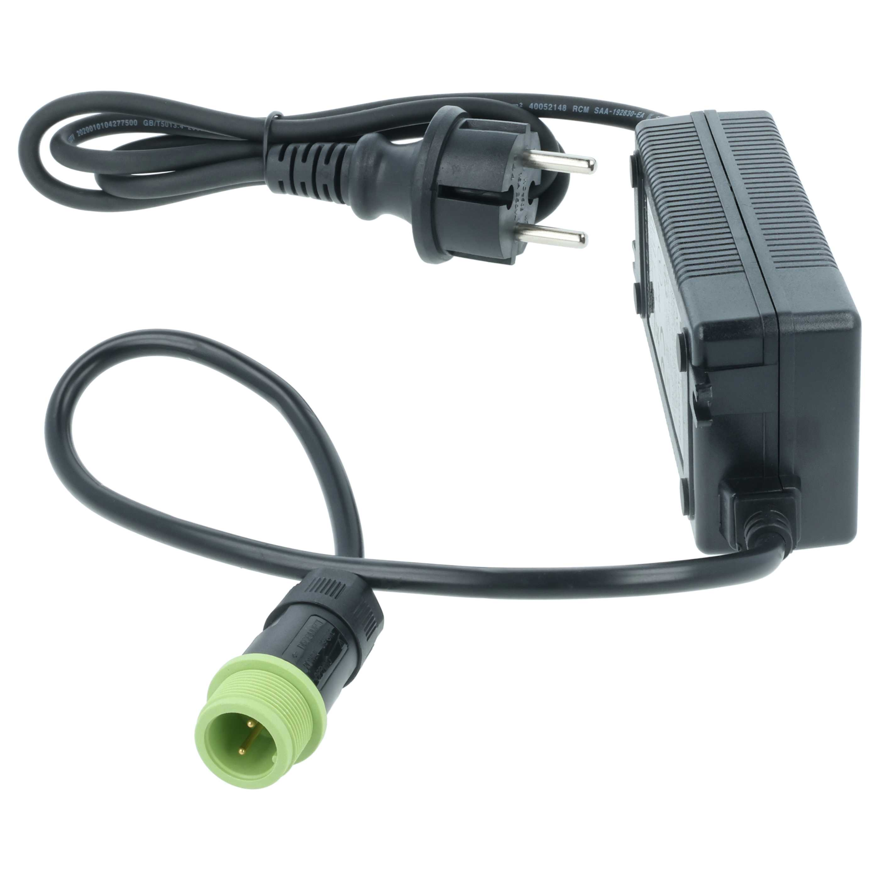 Schwarzer Netzadapter mit grünem Stecker und Netzstecker auf weißem Hintergrund.