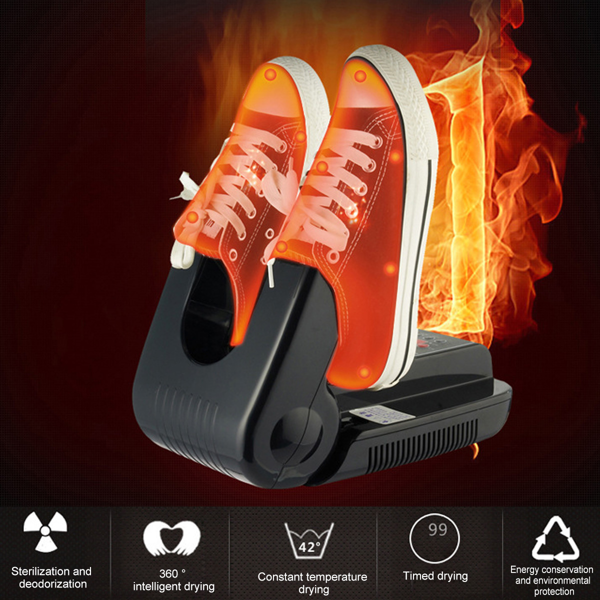 Ein Schuhtrockner mit zwei Schuhen. Oranges Leuchten in den Schuhen, mit Feuereffekt im Hintergrund und Symbolen unten.