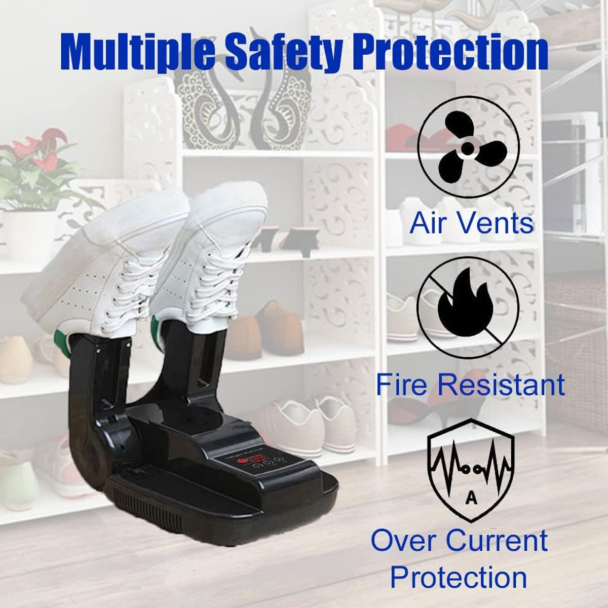 Ein Schuhtrockner mit weißen Schuhen. Luftschlitze, Feuerbeständigkeit und Überstromschutz werden hervorgehoben.