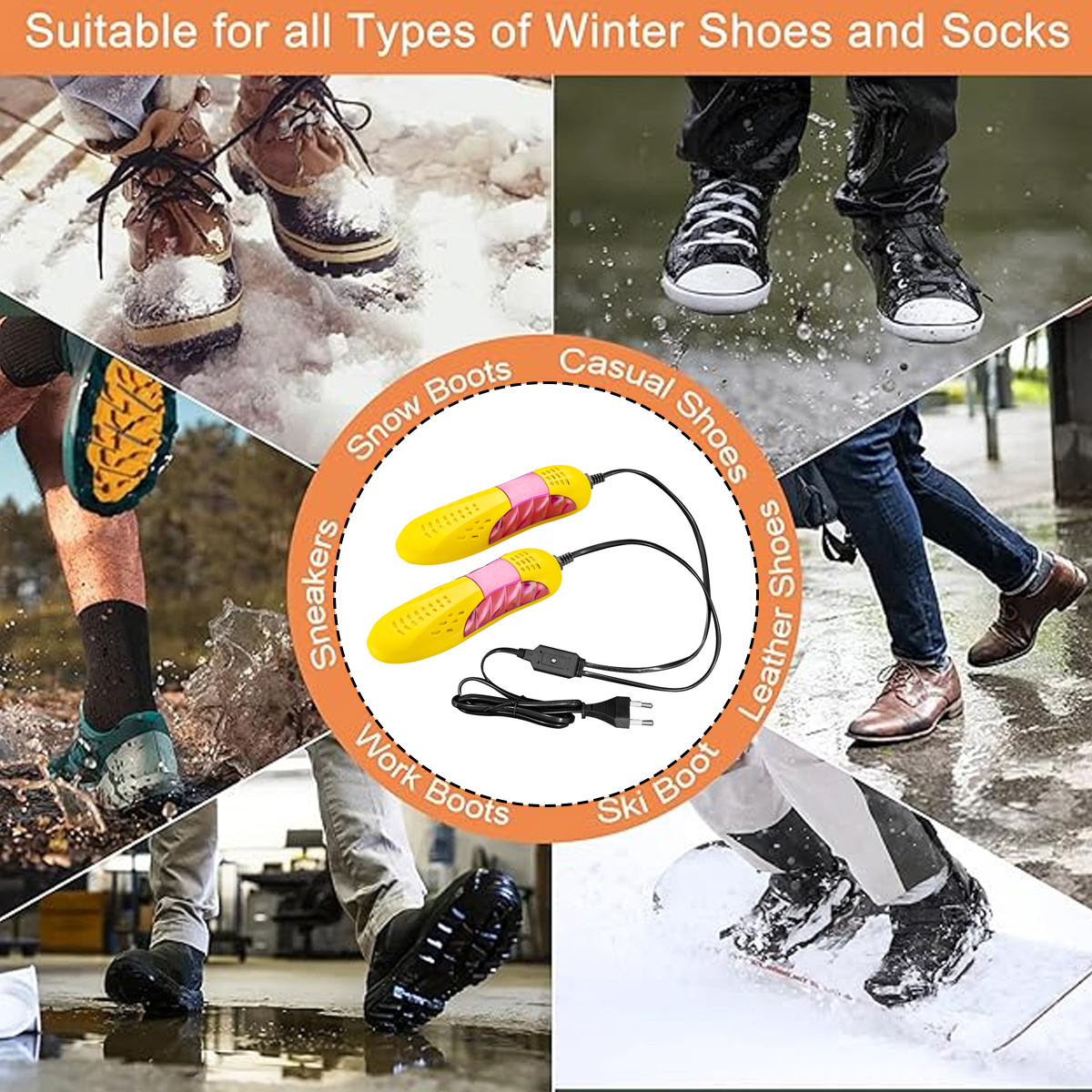 Das Bild zeigt verschiedene Winterschuhe. Gelbe Schuhtrockner befinden sich in der Mitte. Text: Geeignet für alle Arten von Winterschuhen und Socken.