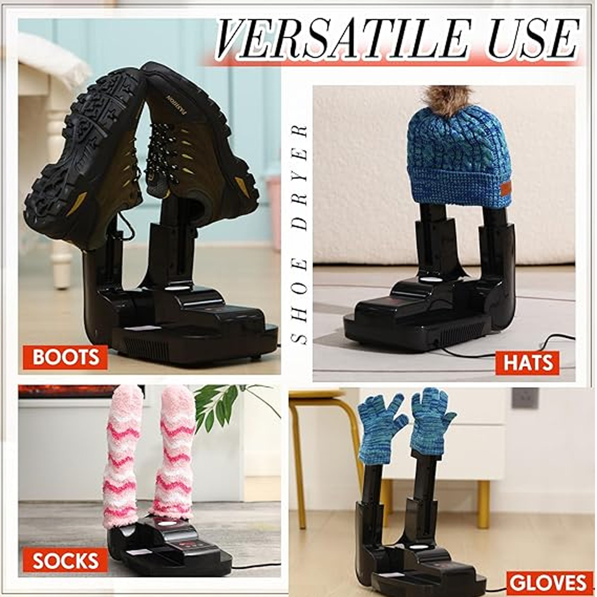 Ein Schuhtrockner wird mit Stiefeln, einer Mütze, Socken und Handschuhen gezeigt. Der Trockner ist schwarz. Der Hintergrund ist eine weiße Wand.