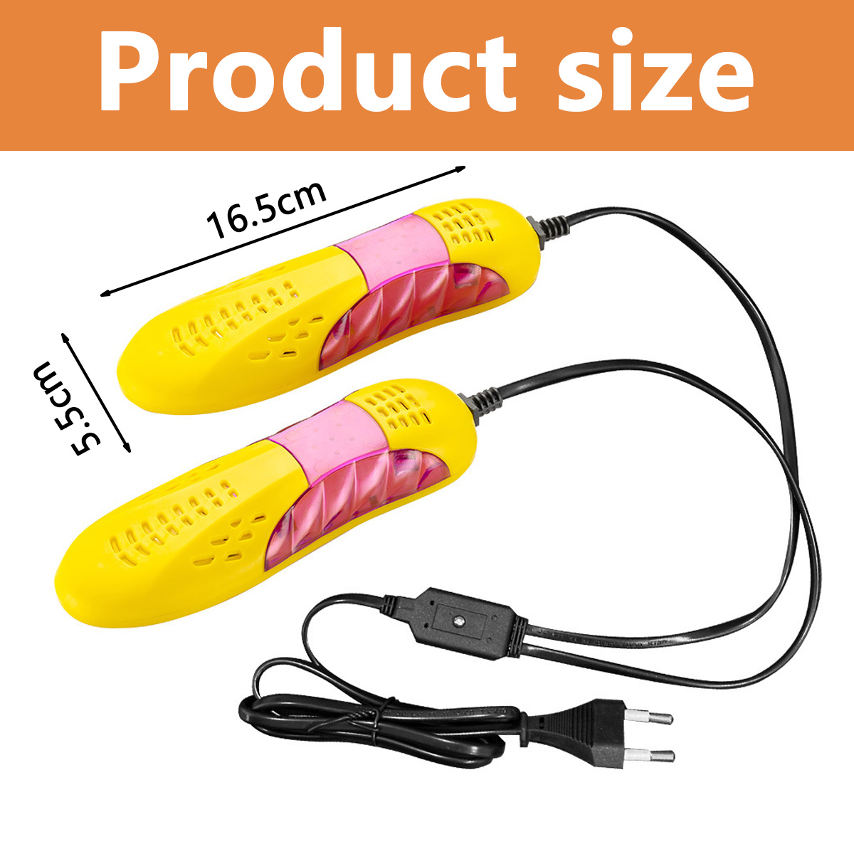 Zwei gelb-rosa Schuhtrockner mit schwarzen Kabeln und Stecker. Misst 16,5 cm lang und 5,5 cm breit.