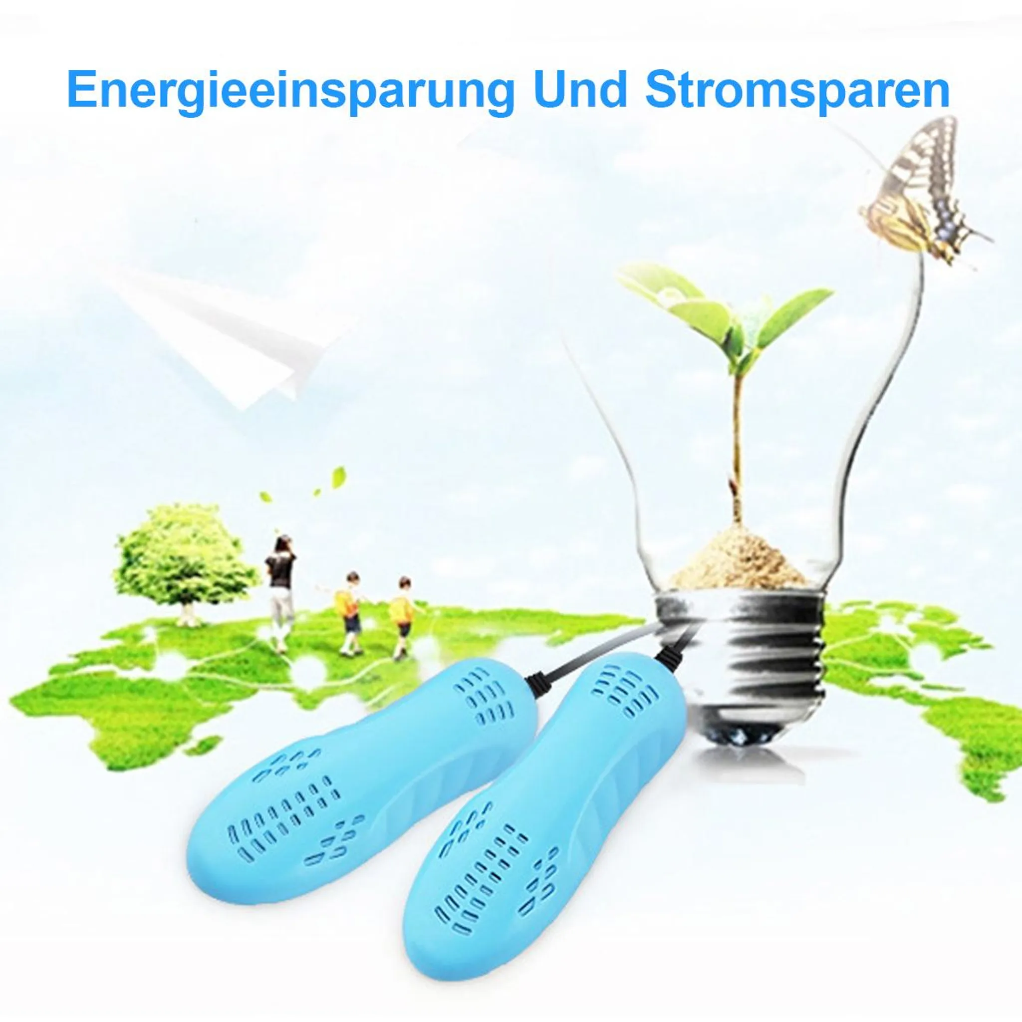 Das Bild zeigt ein Energiesparkonzept. Blaue Schuhtrockner, Glühbirne mit Pflanze, Schmetterling, Menschen und Papierflieger.