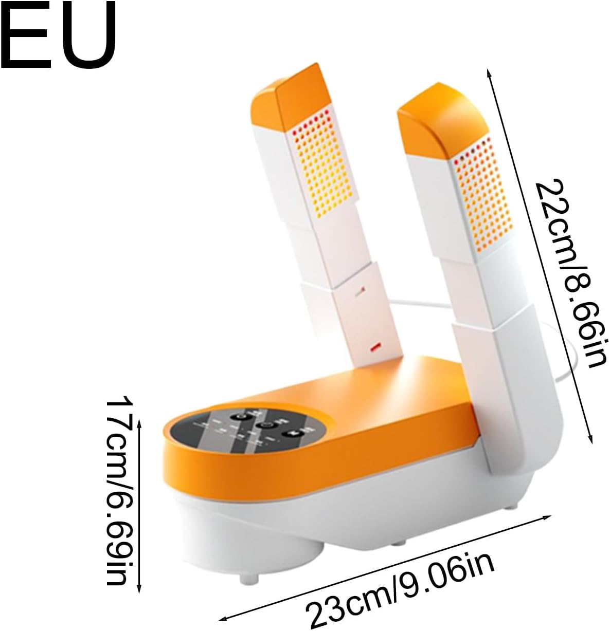 Ein weiß-oranges Lichttherapiegerät mit Maßangaben. Das Gerät hat zwei verstellbare Arme und eine Basis mit Bedienelementen.