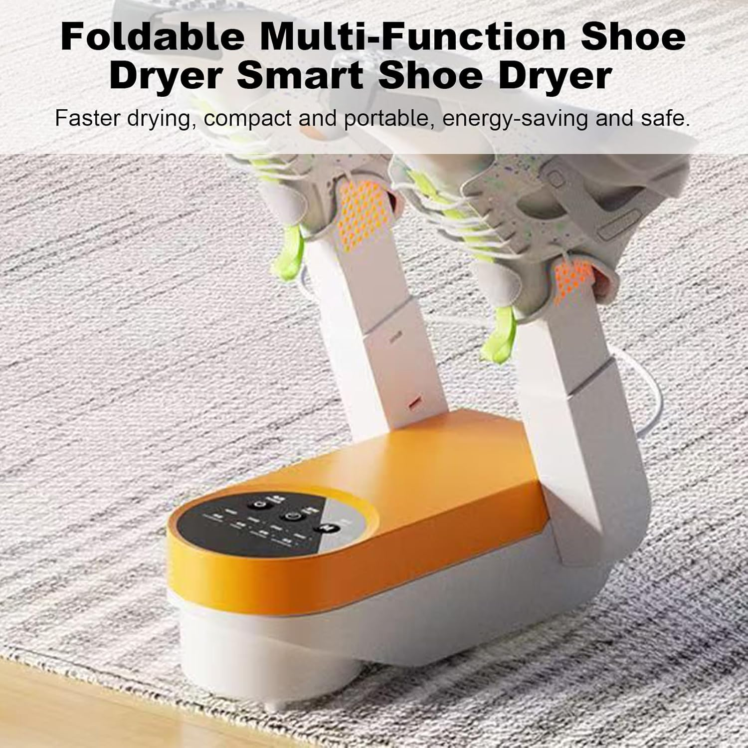 Ein Schuhtrockner mit Schuhen oben drauf. Es hat einen orange-weißen Körper mit einem Bedienfeld. Er steht auf einem gemusterten Teppich.