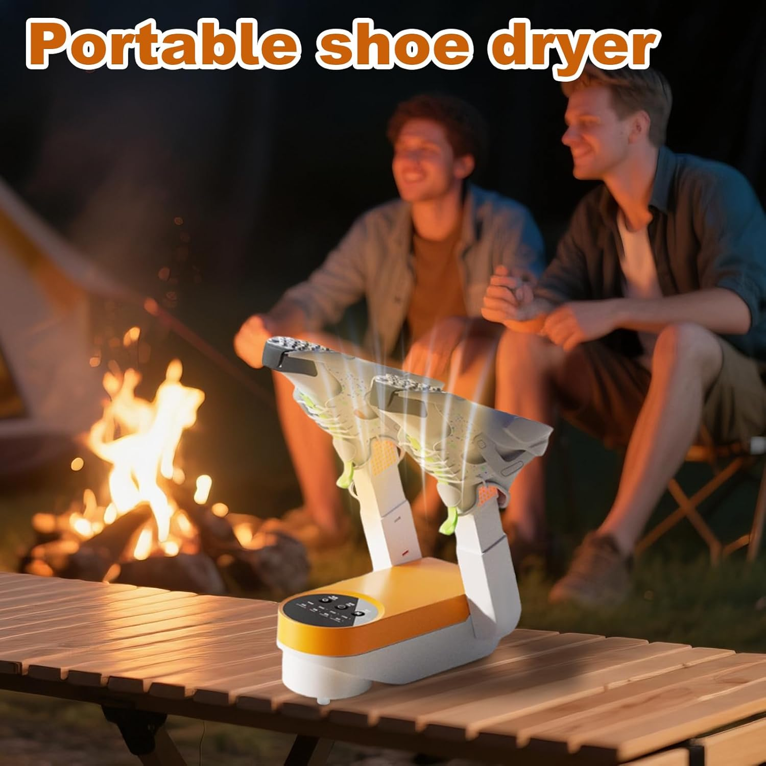 Ein tragbarer Schuhtrockner auf einem Holztisch mit zwei Männern am Lagerfeuer. Der Trockner hat Schuhe darauf.